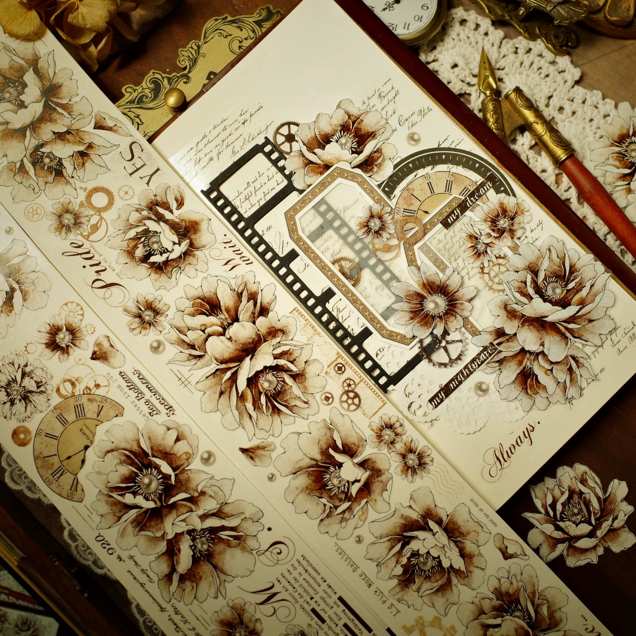 YiEr【Old Times】Orginal Design Washi/Pet Tape Light Retro Floral Stickers