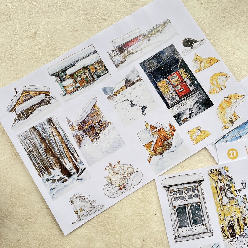 DingDing Vol8【27#Winter】Cute Cat&Rabbit&Fox and Snow Scene,Original Character Design Vintage Casualness Girl Washi/PET Tape Stickers, for Scrapbook Supplies,Scrapbook Tape Stickers,Junk Journal Supplies