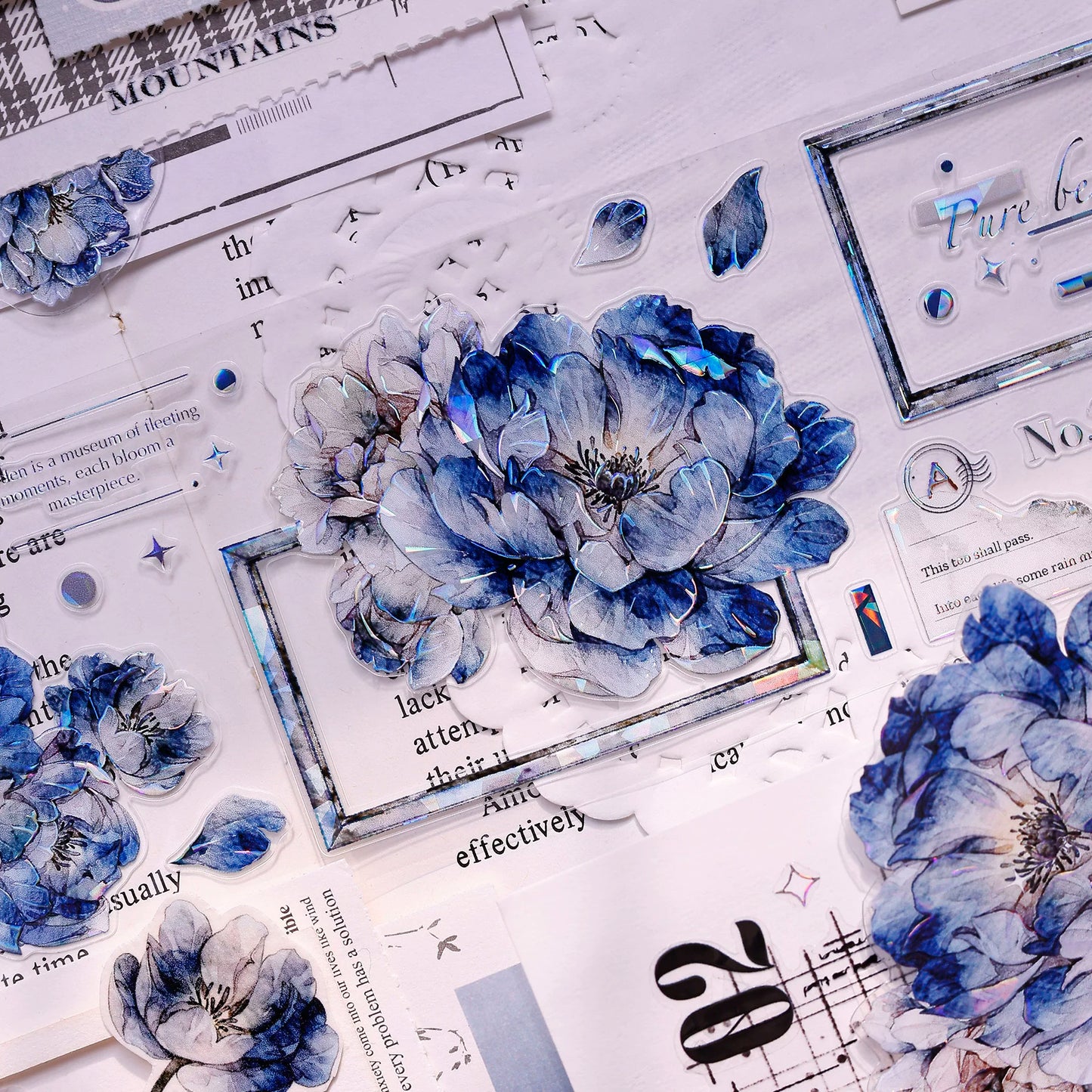 XiaoBaiJia Salt Series【Blue Mirror】Orginal Design Kiss-cut Washi/Pet Floral Tape Light Retro Landscaping Stickers