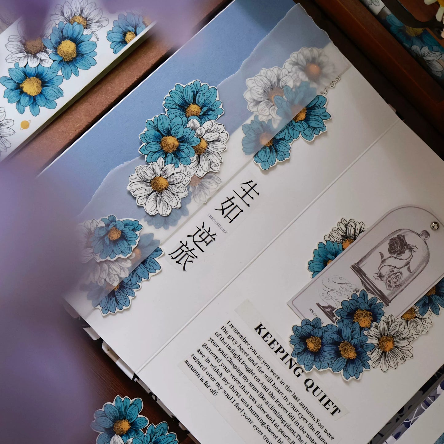 YiEr Vol14【Van Gogh Gardens】Blue Chrysanthemum Floral Washi Tape and PET Stickers