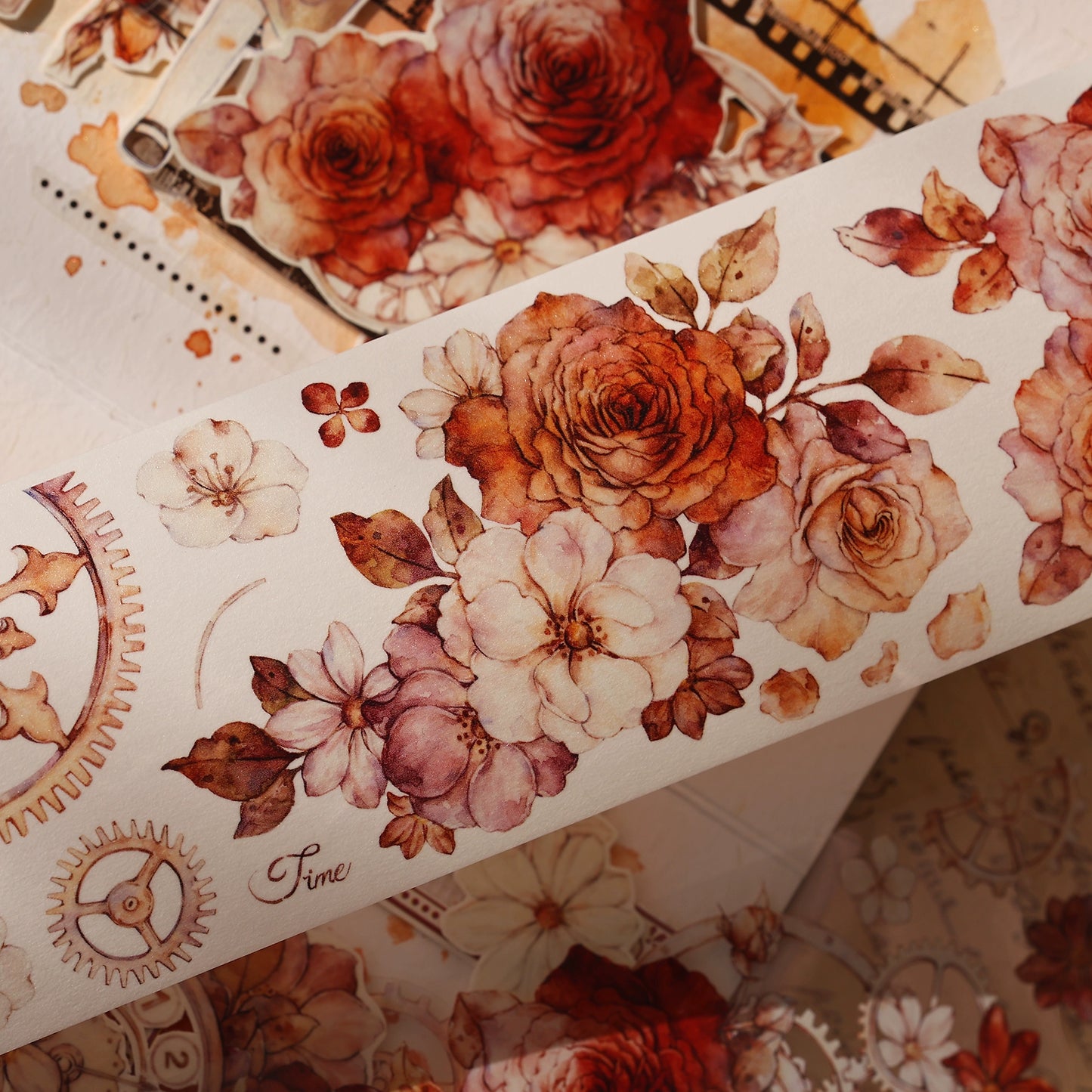 XiaoBaiJia【Flower Language Time】Light Retro Gear Red Moon Season Follower Orginal Design Washi Pet Tape Landscaping Stickers