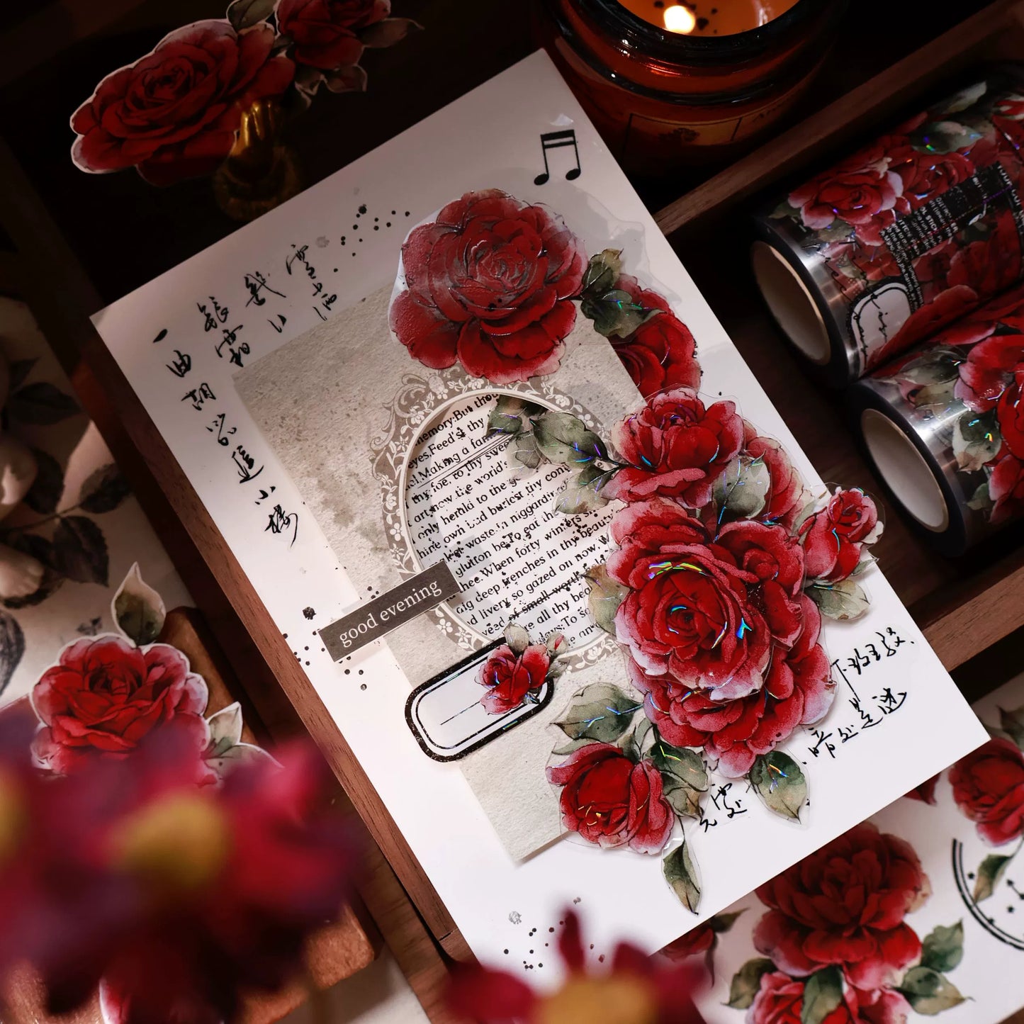 YiEr Vol14【Old Red Paper】Red Rose Floral Washi Tape and PET Stickers