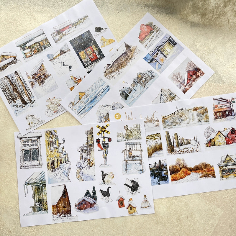 DingDing Vol8【27#Winter】Cute Cat&Rabbit&Fox and Snow Scene,Original Character Design Vintage Casualness Girl Washi/PET Tape Stickers, for Scrapbook Supplies,Scrapbook Tape Stickers,Junk Journal Supplies