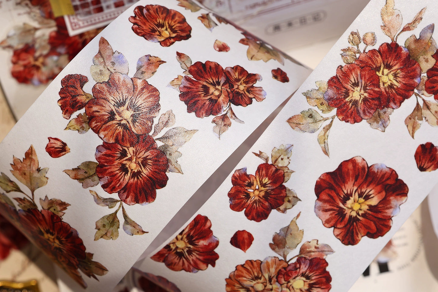 XiaoBaiJia【Hollyhock】Light Retro Red Orange Large and Small Flowers Orginal Design Washi Pet Tape Landscaping Stickers