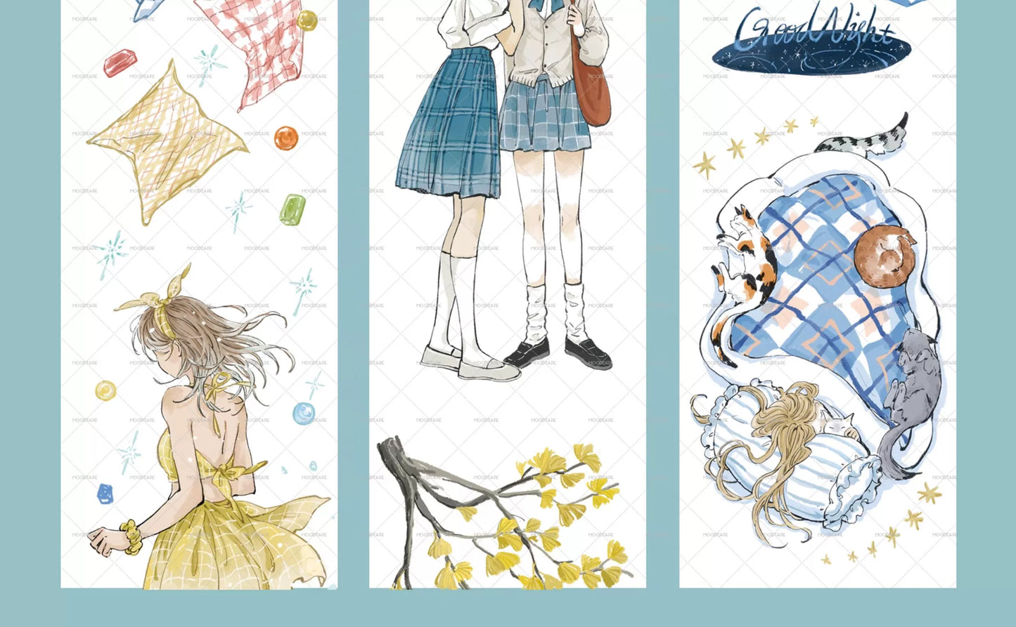 Moodtape【Pure Grid Pattern&Wind Blows Thoughts&Blue Seasons&Bright Sunshine】Cute Character Original Washi Tape Stickers,for Scrapbook Supplies,Scrapbook Tape Stickers,Junk Journal Supplies