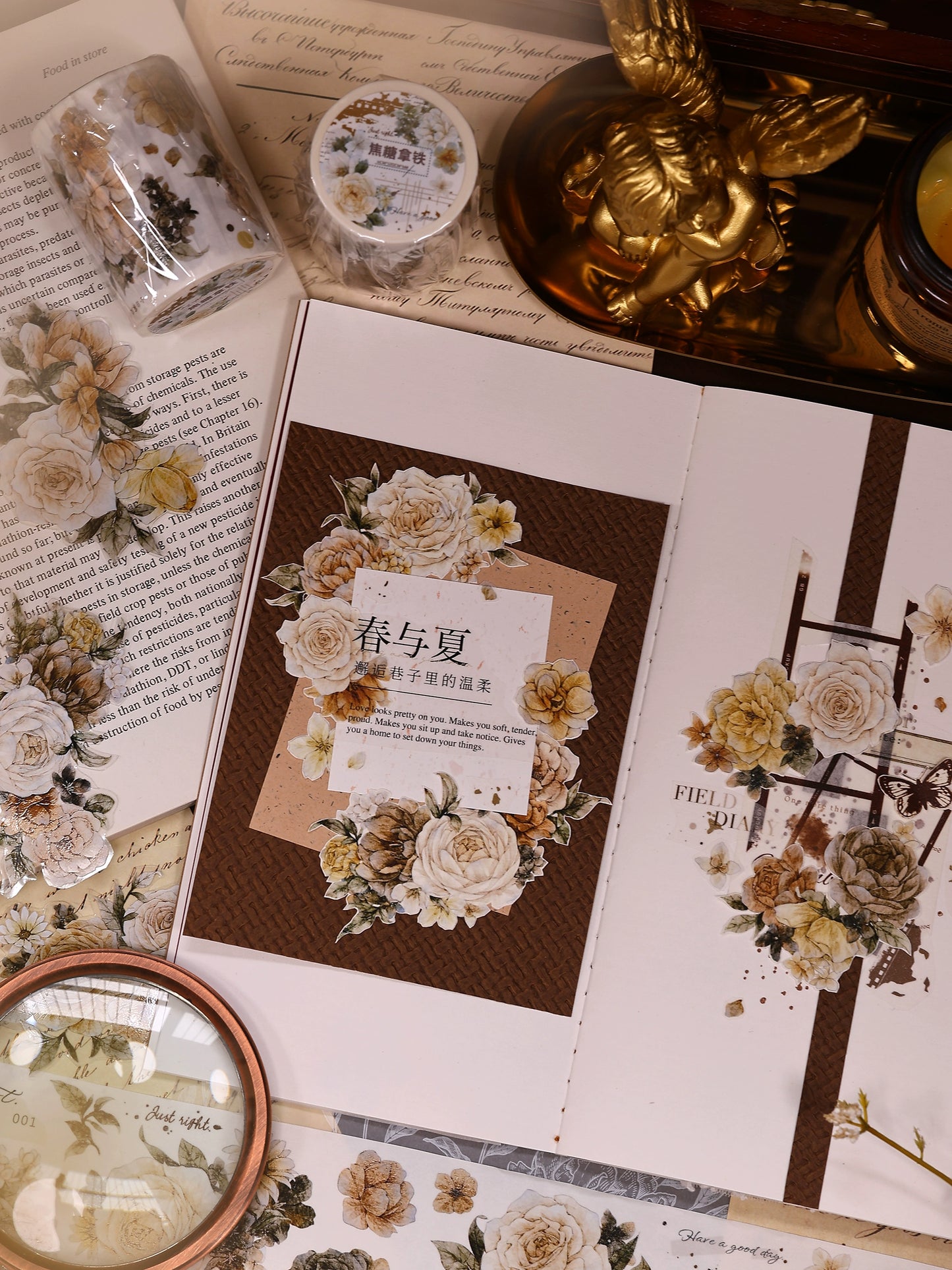 XiaoBaiJia【LanYan / Caramel Latte】Light Retro Flower Orginal Design Washi Pet Floral Tape Landscaping Stickers