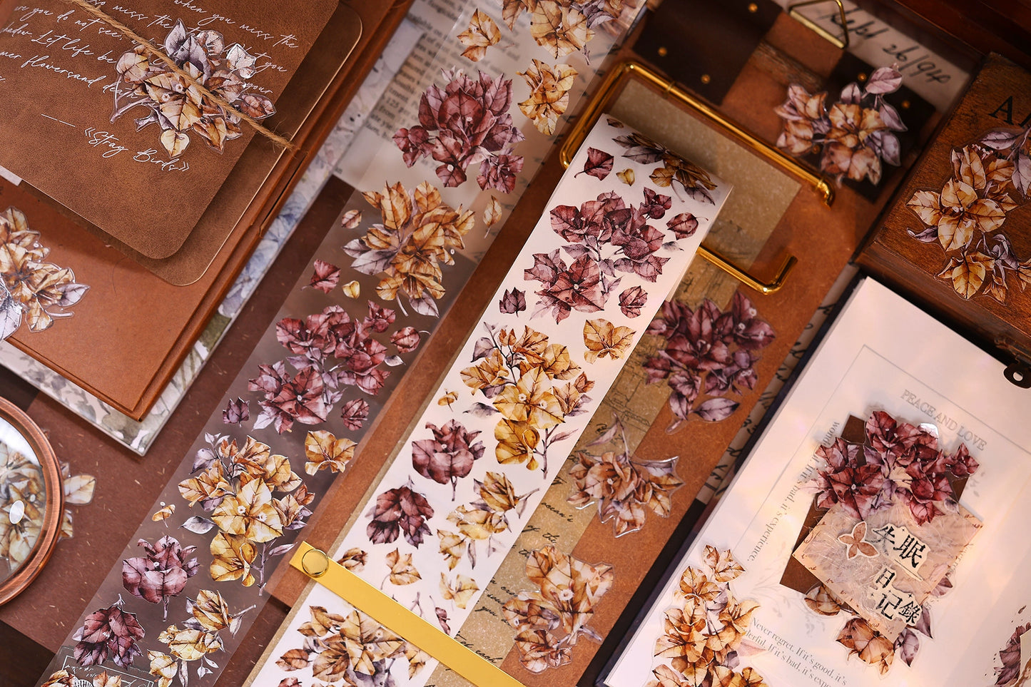 XiaoBaiJia【Bougainvillea Follower】Light Retro Tea Brown Flower Orginal Design Washi Pet Floral Tape Landscaping Stickers