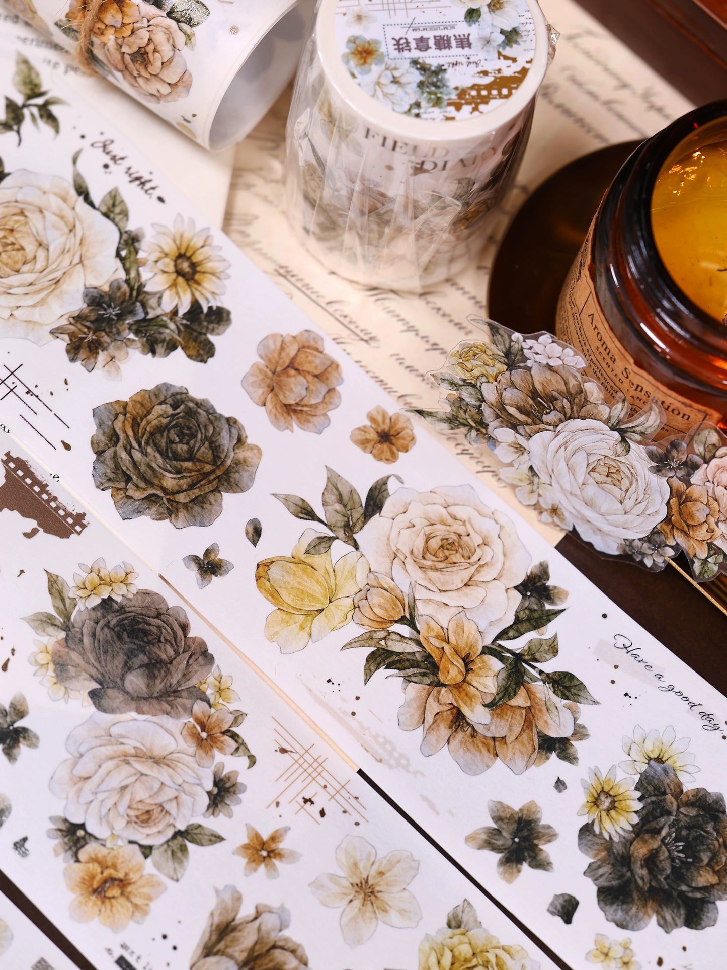 XiaoBaiJia【LanYan / Caramel Latte】Light Retro Flower Orginal Design Washi Pet Floral Tape Landscaping Stickers