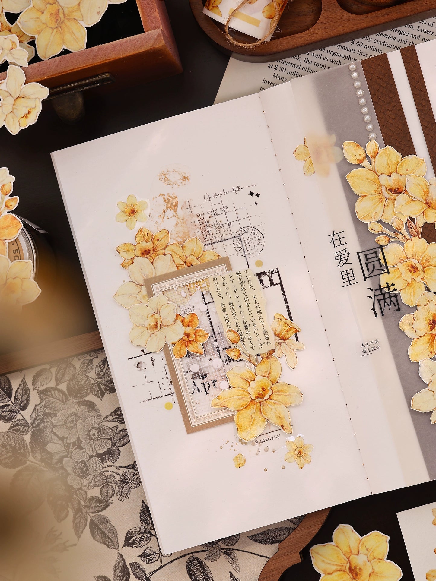 XiaoBaiJia【Narcissus】Light Retro Orange Yellow Big and Small Flowers Orginal Design Washi Pet Tape Landscaping Stickers