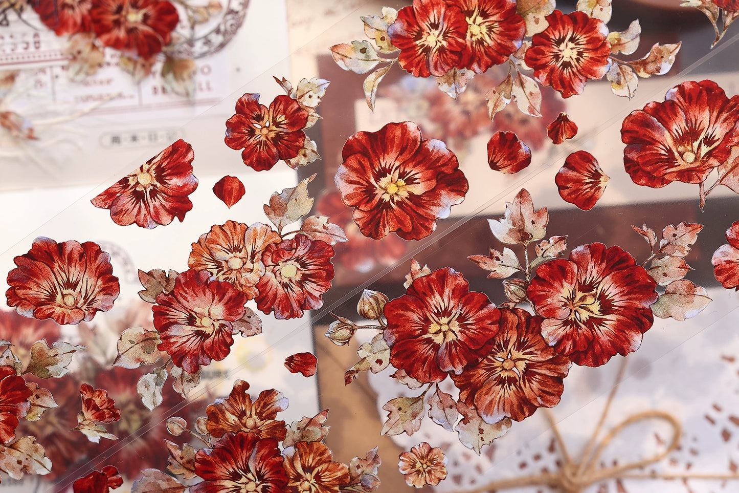 XiaoBaiJia【Hollyhock】Light Retro Red Orange Large and Small Flowers Orginal Design Washi Pet Tape Landscaping Stickers