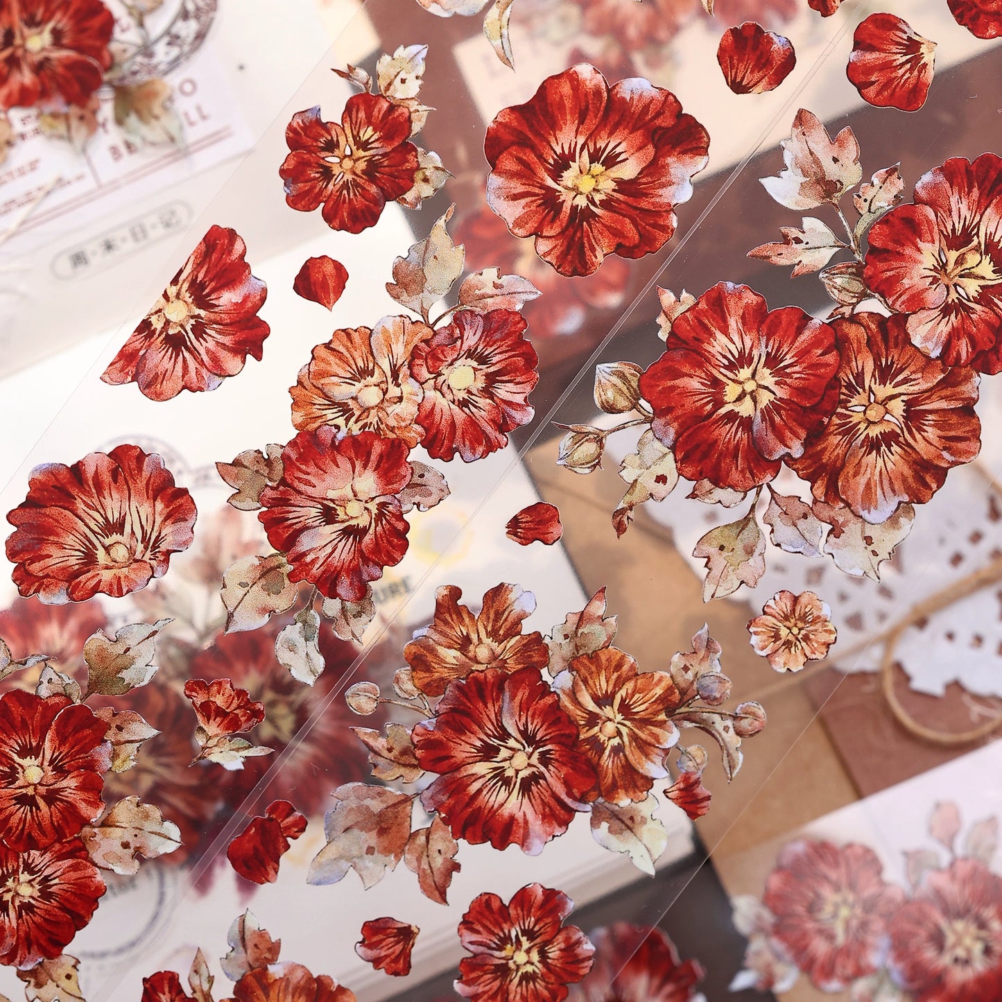 XiaoBaiJia【Hollyhock】Light Retro Red Orange Large and Small Flowers Orginal Design Washi Pet Tape Landscaping Stickers