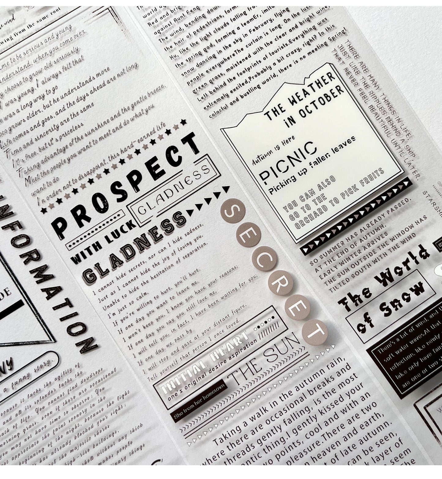 ZiYuanSu【Prose Discourse】English Text Pre-cut Washi/PET Tape,for Scrapbook Supplies,Scrapbook Tape Stickers,Junk Journal Supplies