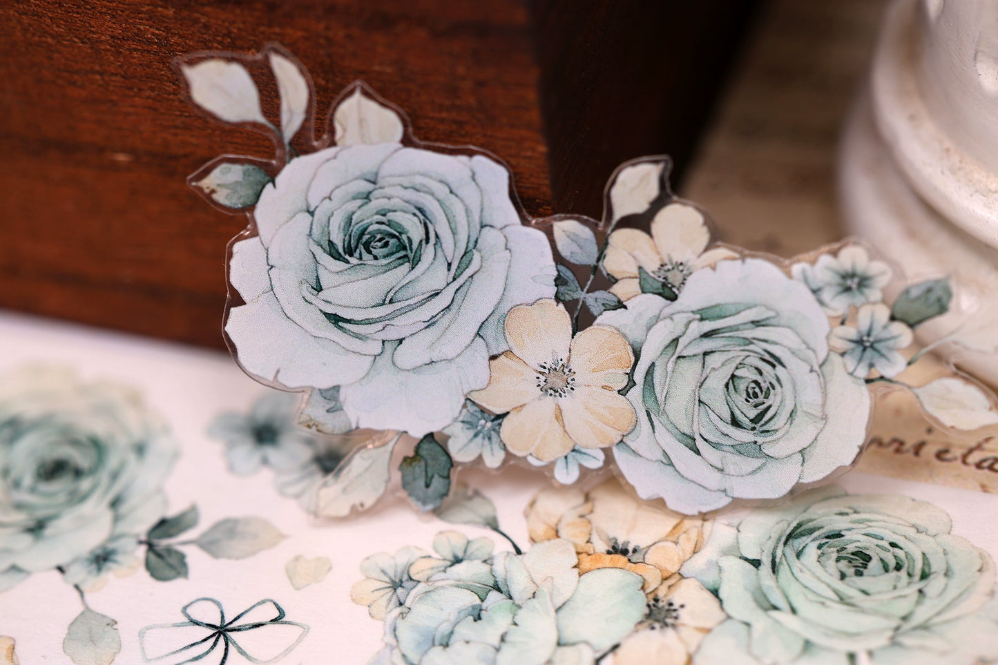 XiaoBaiJia【Clear Sky/Morning Mist】Light Retro Mint Green Flower Orginal Design Washi Pet Floral Tape Landscaping Stickers
