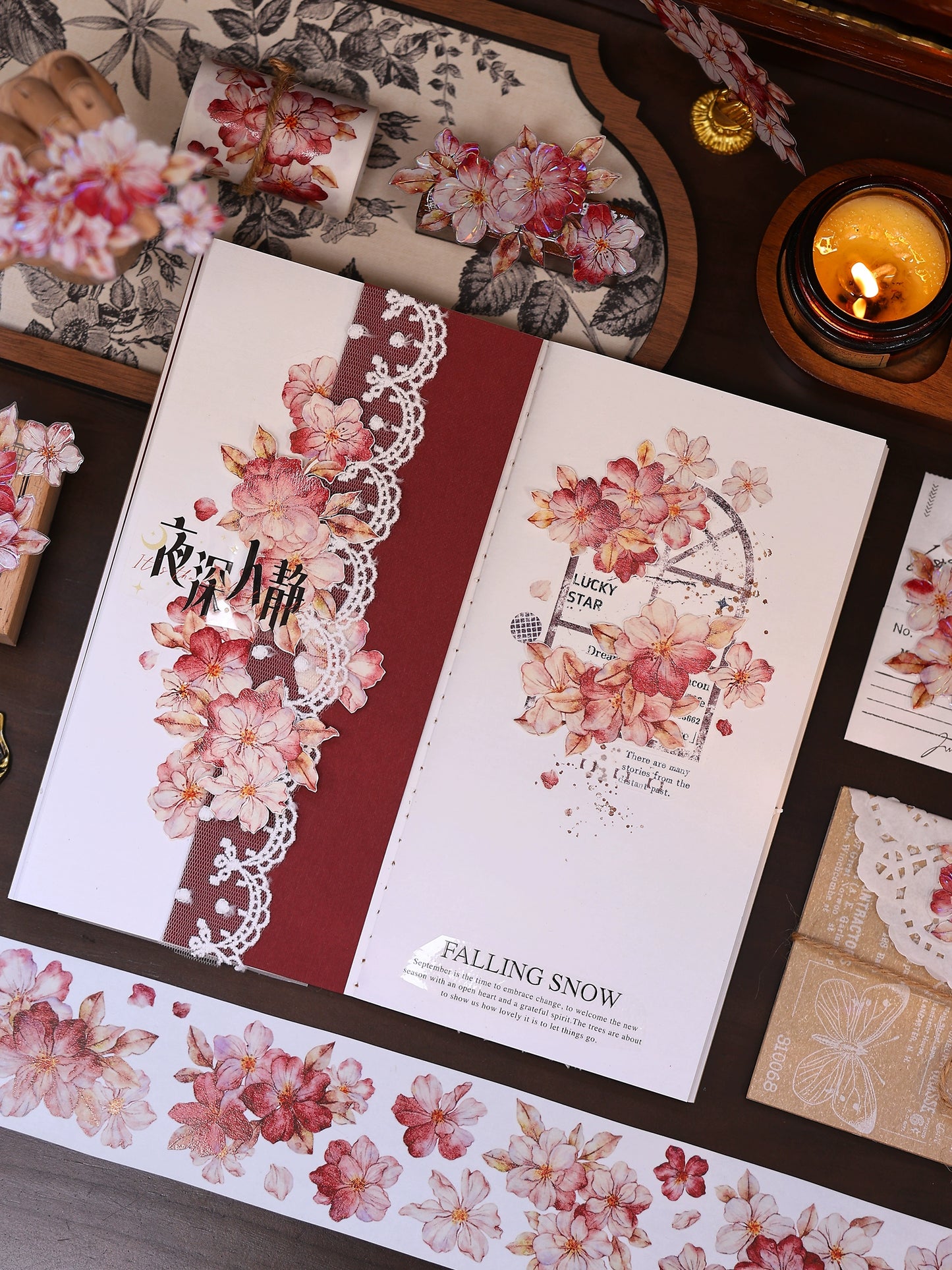 XiaoBaiJia【Red Longing Follower】Light Retro Red Flower Orginal Design Washi Pet Floral Tape Landscaping Stickers