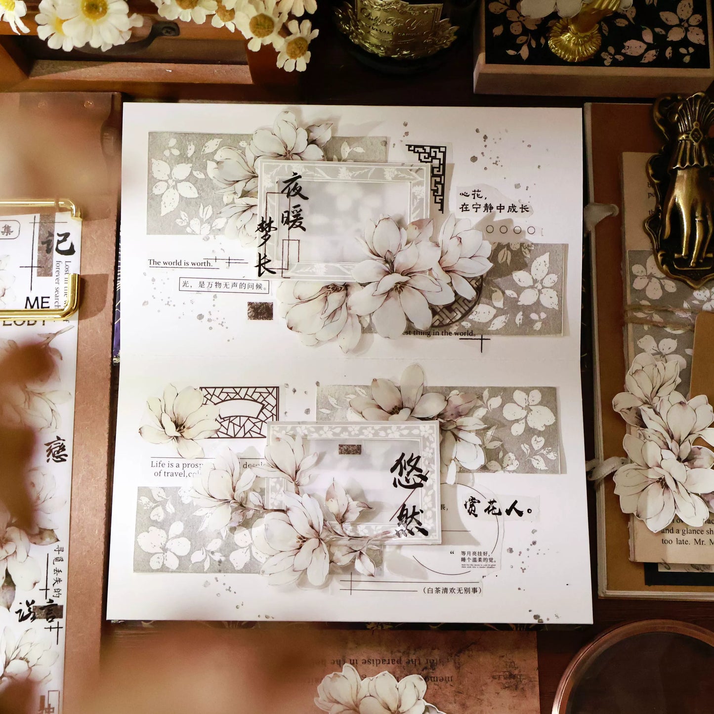 YiEr Vol14【Moon Condensation Fragrance】Ancient Style Magnolia Floral Washi Tape and PET Stickers