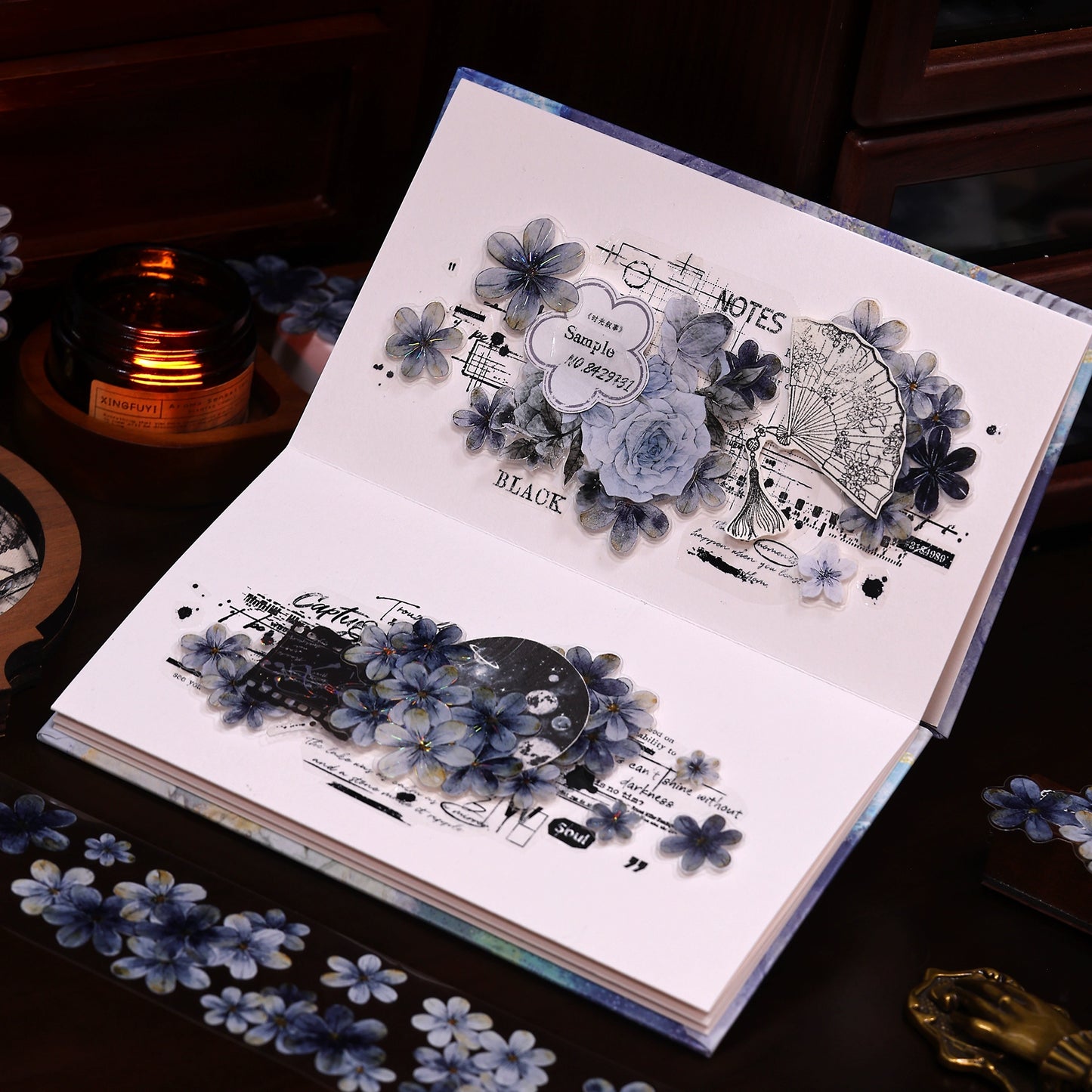 XiaoBaiJia【Deep Blue】Light Retro Blue-Black Flower Orginal Design Washi Pet Floral Tape Landscaping Stickers