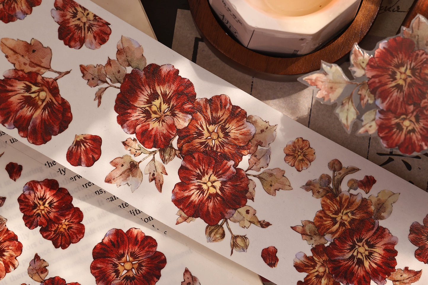 XiaoBaiJia【Hollyhock】Light Retro Red Orange Large and Small Flowers Orginal Design Washi Pet Tape Landscaping Stickers