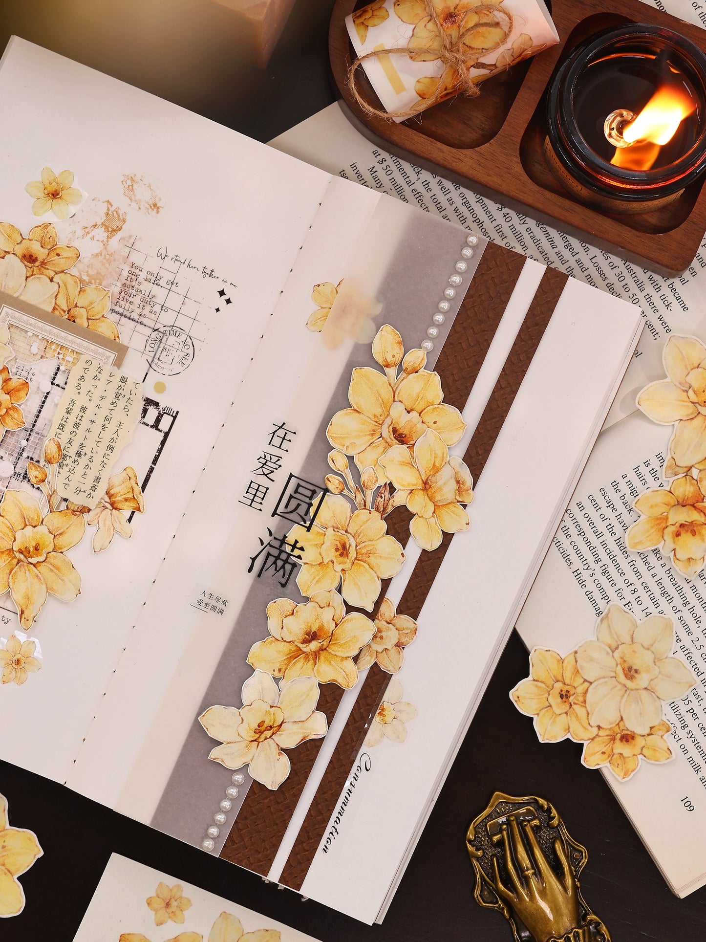 XiaoBaiJia【Narcissus】Light Retro Orange Yellow Big and Small Flowers Orginal Design Washi Pet Tape Landscaping Stickers