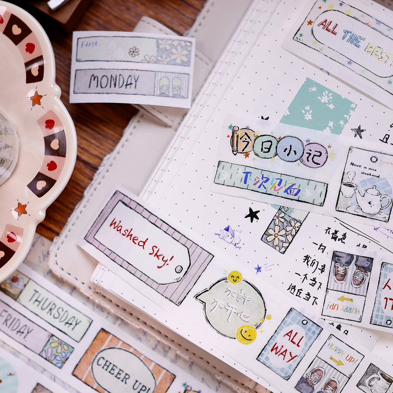XiaoBaiJia Salt Series【Many Signs】Pre-cut Orginal Design Handwritten Chinese and English Word Borders Washi/Pet Tape Light Retro Stickers