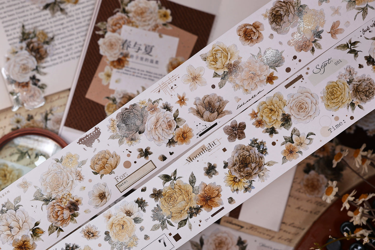 XiaoBaiJia【LanYan / Caramel Latte】Light Retro Flower Orginal Design Washi Pet Floral Tape Landscaping Stickers