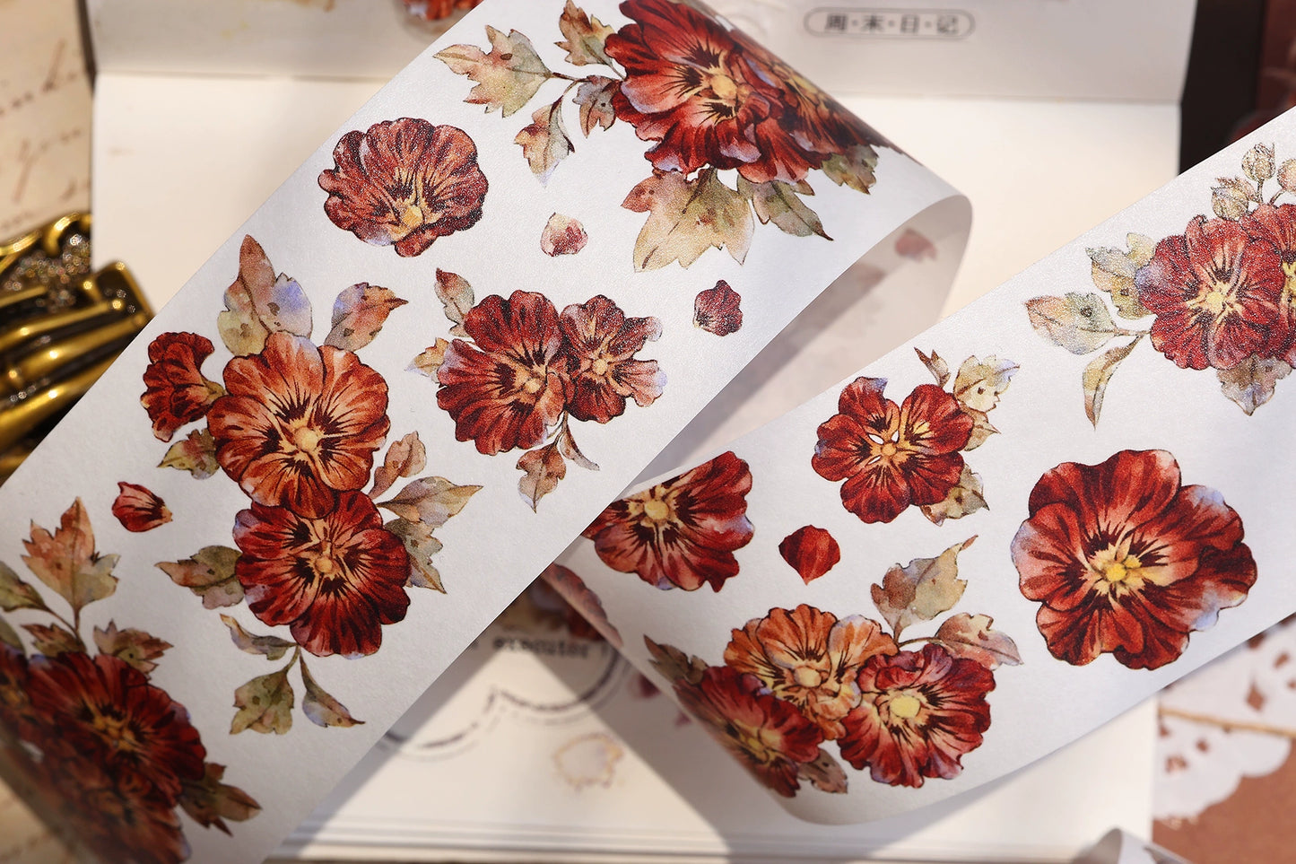 XiaoBaiJia【Hollyhock】Light Retro Red Orange Large and Small Flowers Orginal Design Washi Pet Tape Landscaping Stickers