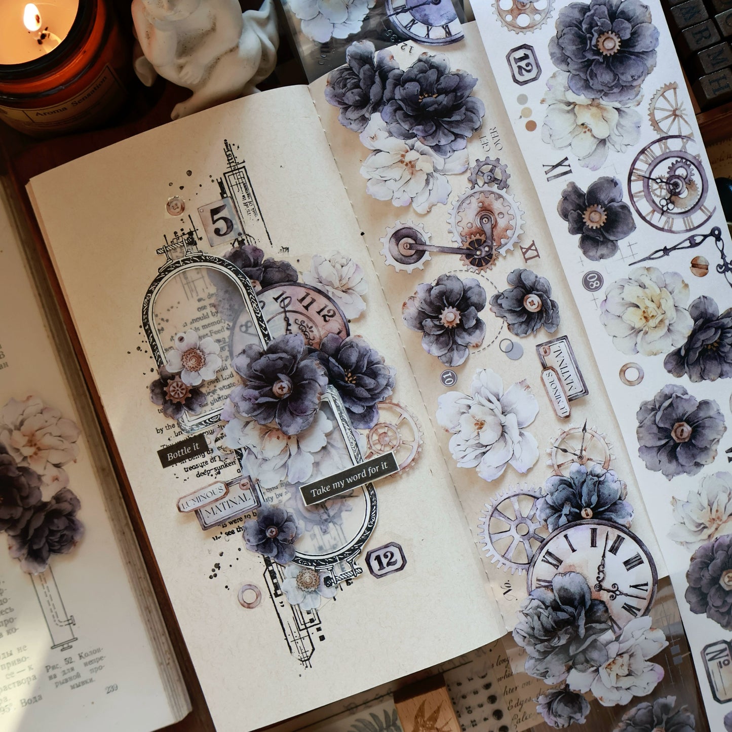 YiEr Vol13【Smoke Ink White】Orginal Design Washi/Pet Floral Tape Light Retro Landscaping Stickers