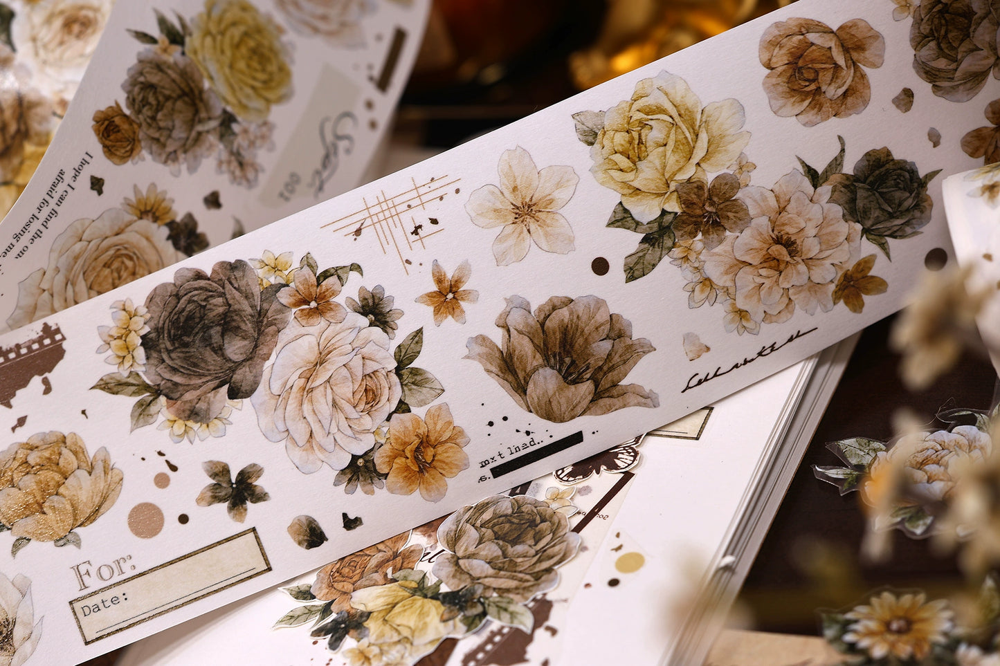 XiaoBaiJia【LanYan / Caramel Latte】Light Retro Flower Orginal Design Washi Pet Floral Tape Landscaping Stickers