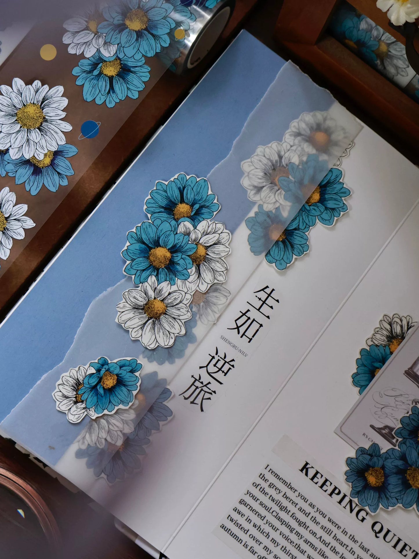 YiEr Vol14【Van Gogh Gardens】Blue Chrysanthemum Floral Washi Tape and PET Stickers
