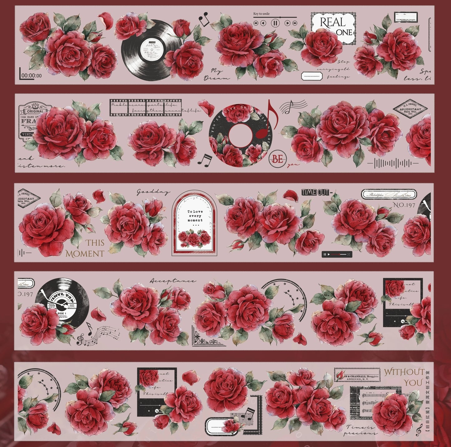YiEr Vol14【Old Red Paper】Red Rose Floral Washi Tape and PET Stickers