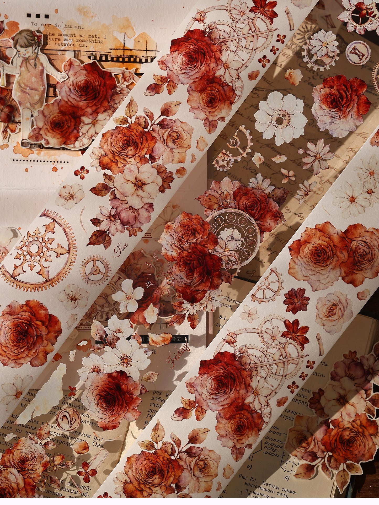 XiaoBaiJia【Flower Language Time】Light Retro Gear Red Moon Season Follower Orginal Design Washi Pet Tape Landscaping Stickers