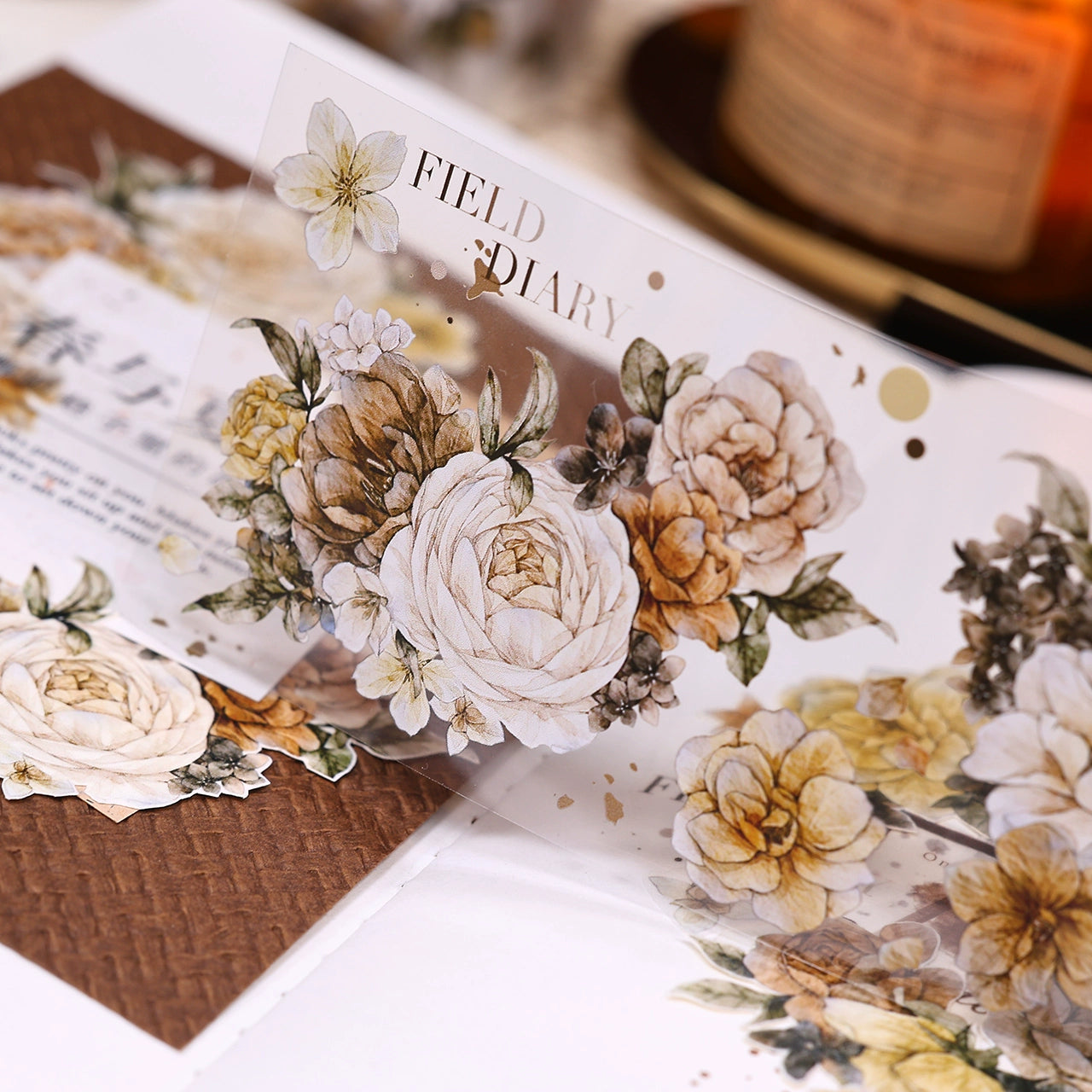 XiaoBaiJia【LanYan / Caramel Latte】Light Retro Flower Orginal Design Washi Pet Floral Tape Landscaping Stickers