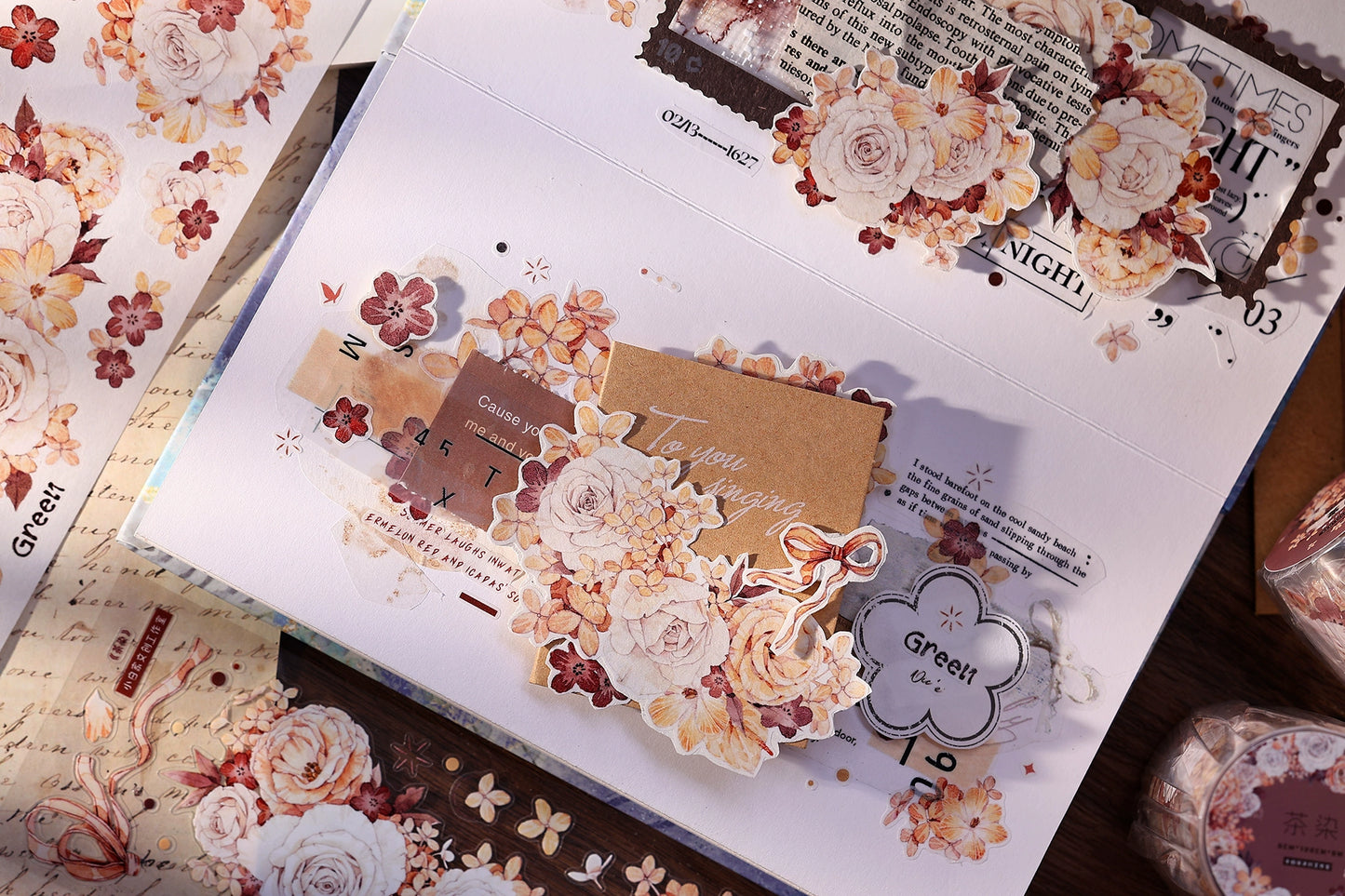 XiaoBaiJia【Tea Dyeing】Light Retro Flowers Orginal Design Washi Pet Tape Stickers