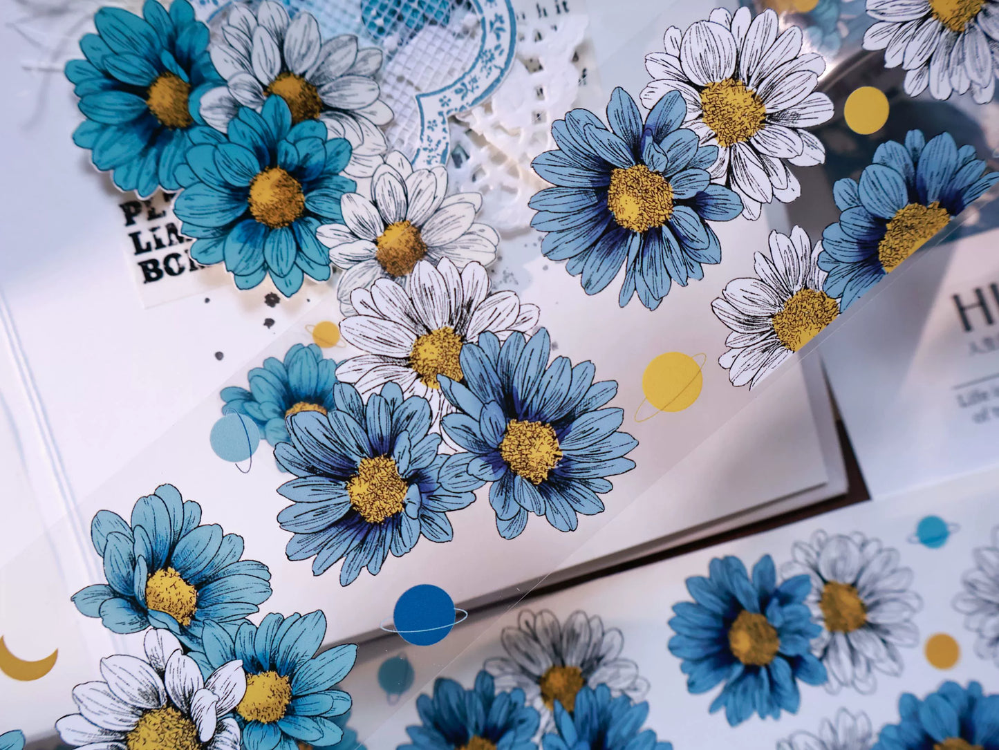 YiEr Vol14【Van Gogh Gardens】Blue Chrysanthemum Floral Washi Tape and PET Stickers