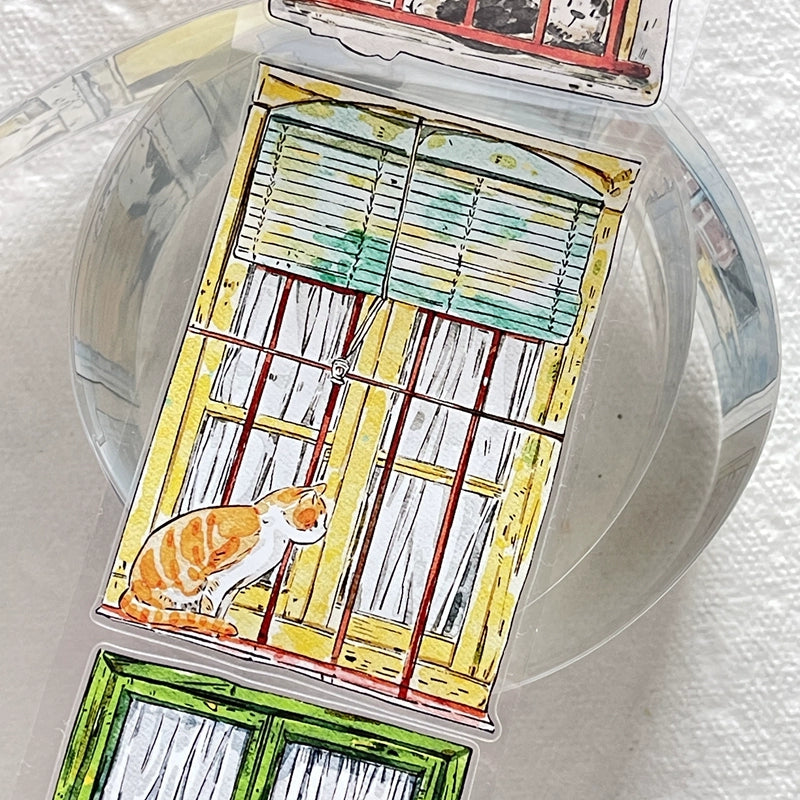 Seahorse Forest Vol5【A31#Inside and Outside】Cute Cat and Doors&Windows Scene,Original Design Pre-Cut Washi/PET Tape Stickers,for Scrapbook Supplies,Junk Journal Supplies