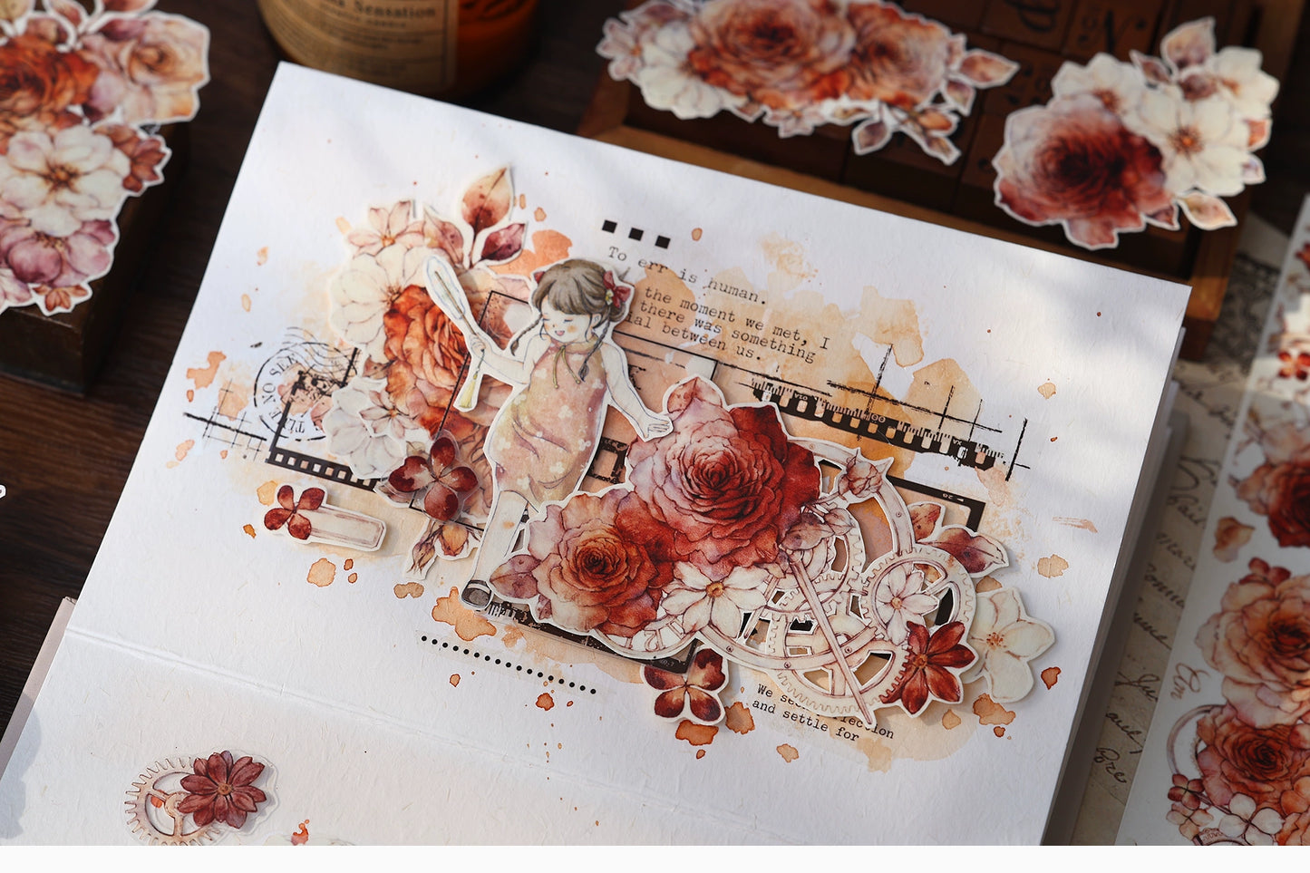 XiaoBaiJia【Flower Language Time】Light Retro Gear Red Moon Season Follower Orginal Design Washi Pet Tape Landscaping Stickers