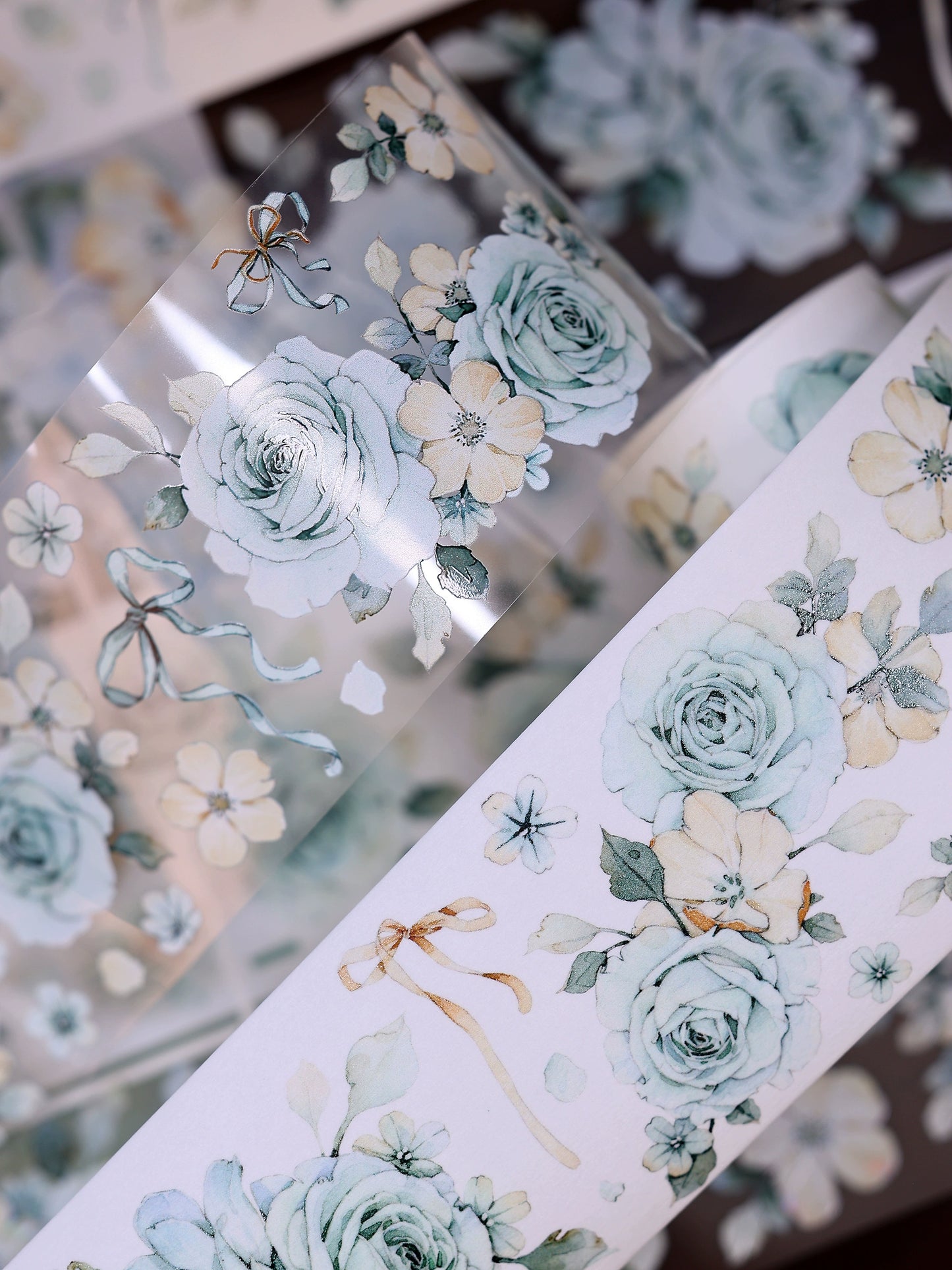 XiaoBaiJia【Clear Sky/Morning Mist】Light Retro Mint Green Flower Orginal Design Washi Pet Floral Tape Landscaping Stickers