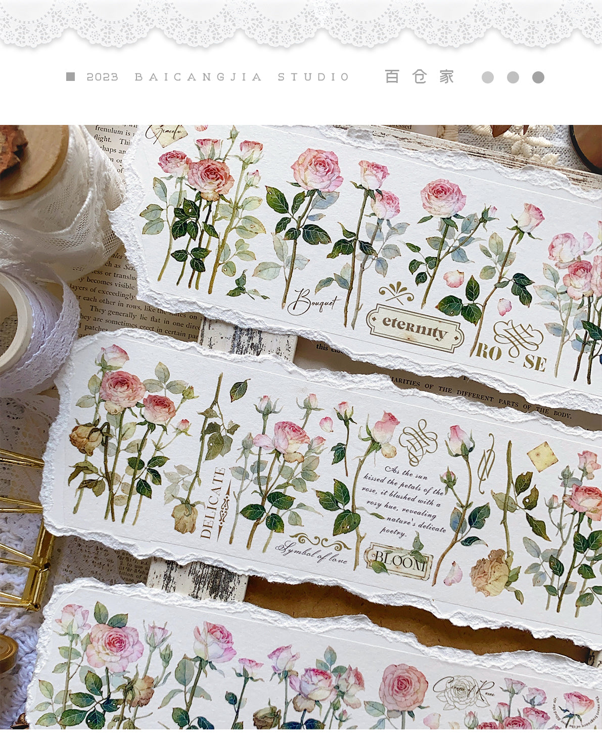 BaiCang【Rose Garden】Orginal Design Washi/Pet Tape Light Retro Landscaping Stickers,for Scrapbook Supplies,Scrapbook Tape Stickers,Junk Journal Supplies