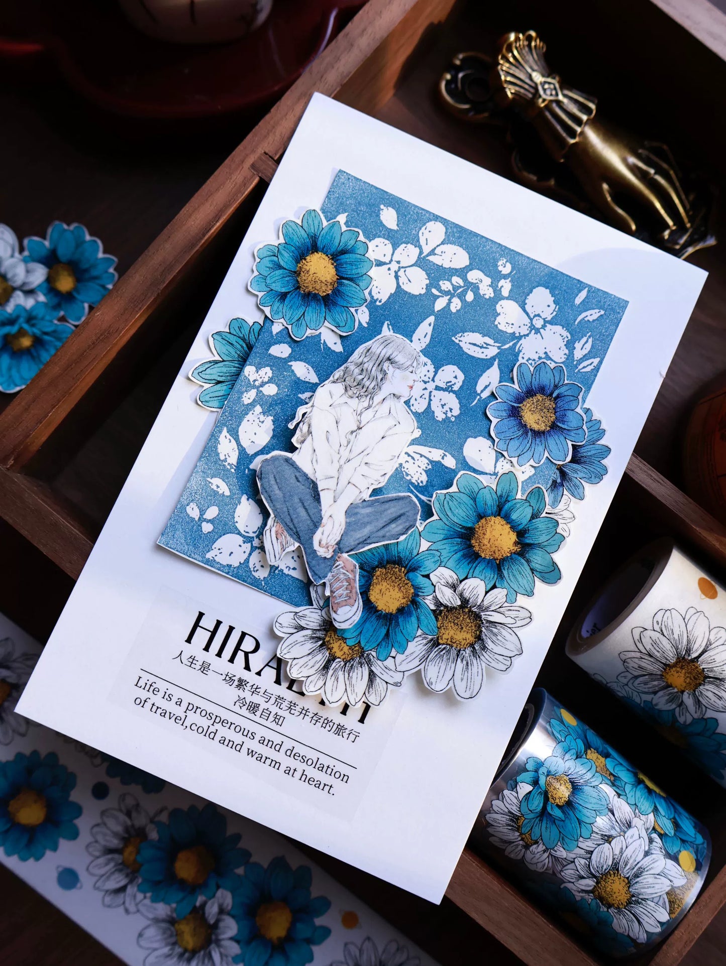 YiEr Vol14【Van Gogh Gardens】Blue Chrysanthemum Floral Washi Tape and PET Stickers