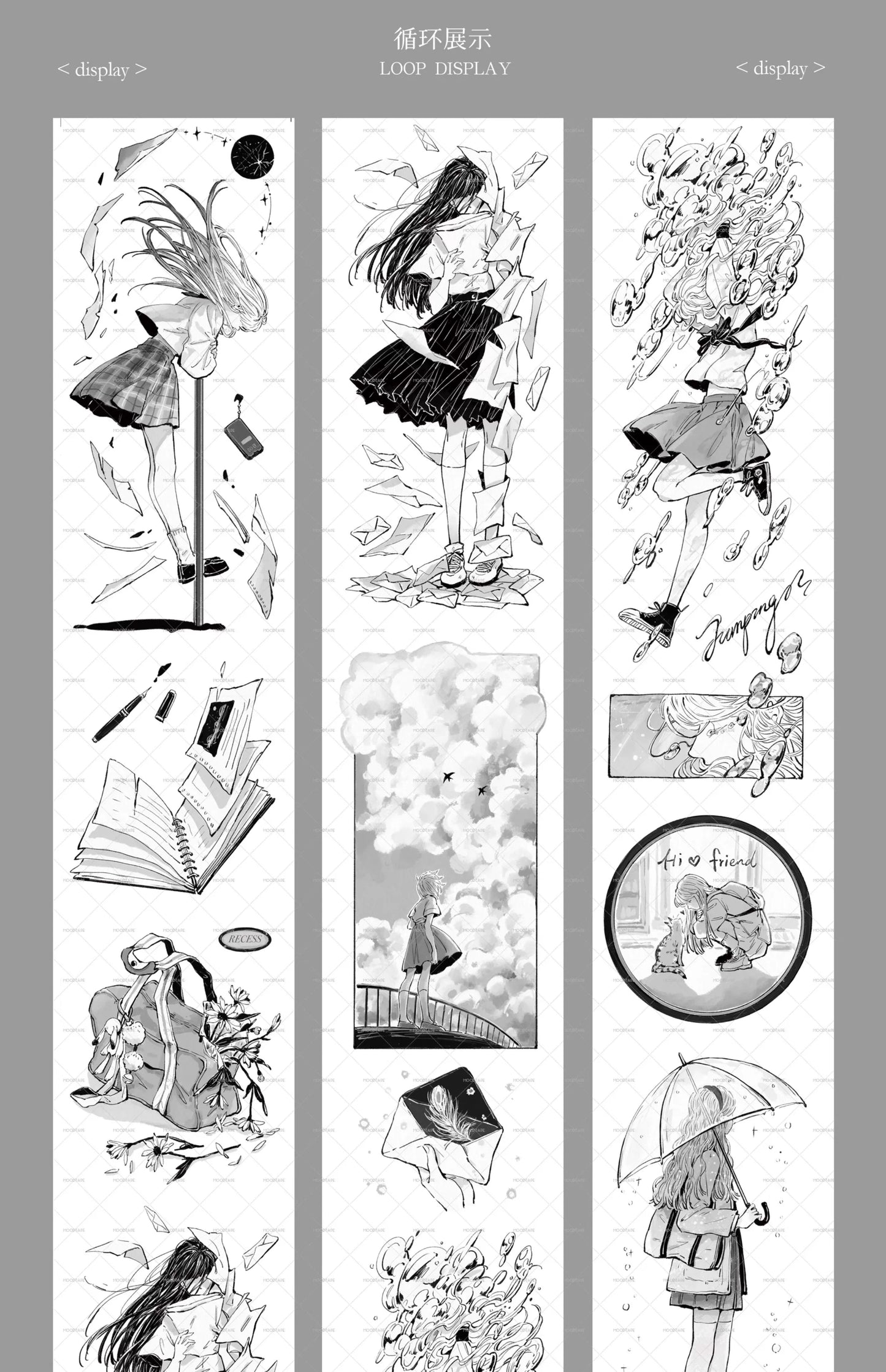 Moodtape【Pure Grid Pattern&Wind Blows Thoughts&Blue Seasons&Bright Sunshine】Cute Character Original Washi Tape Stickers,for Scrapbook Supplies,Scrapbook Tape Stickers,Junk Journal Supplies