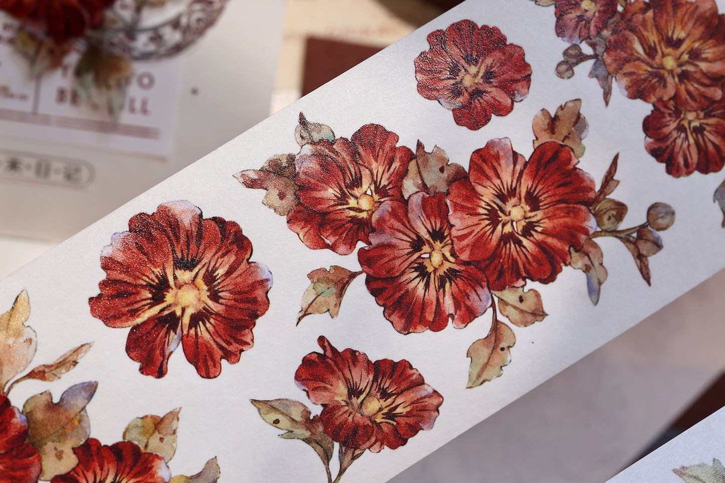 XiaoBaiJia【Hollyhock】Light Retro Red Orange Large and Small Flowers Orginal Design Washi Pet Tape Landscaping Stickers