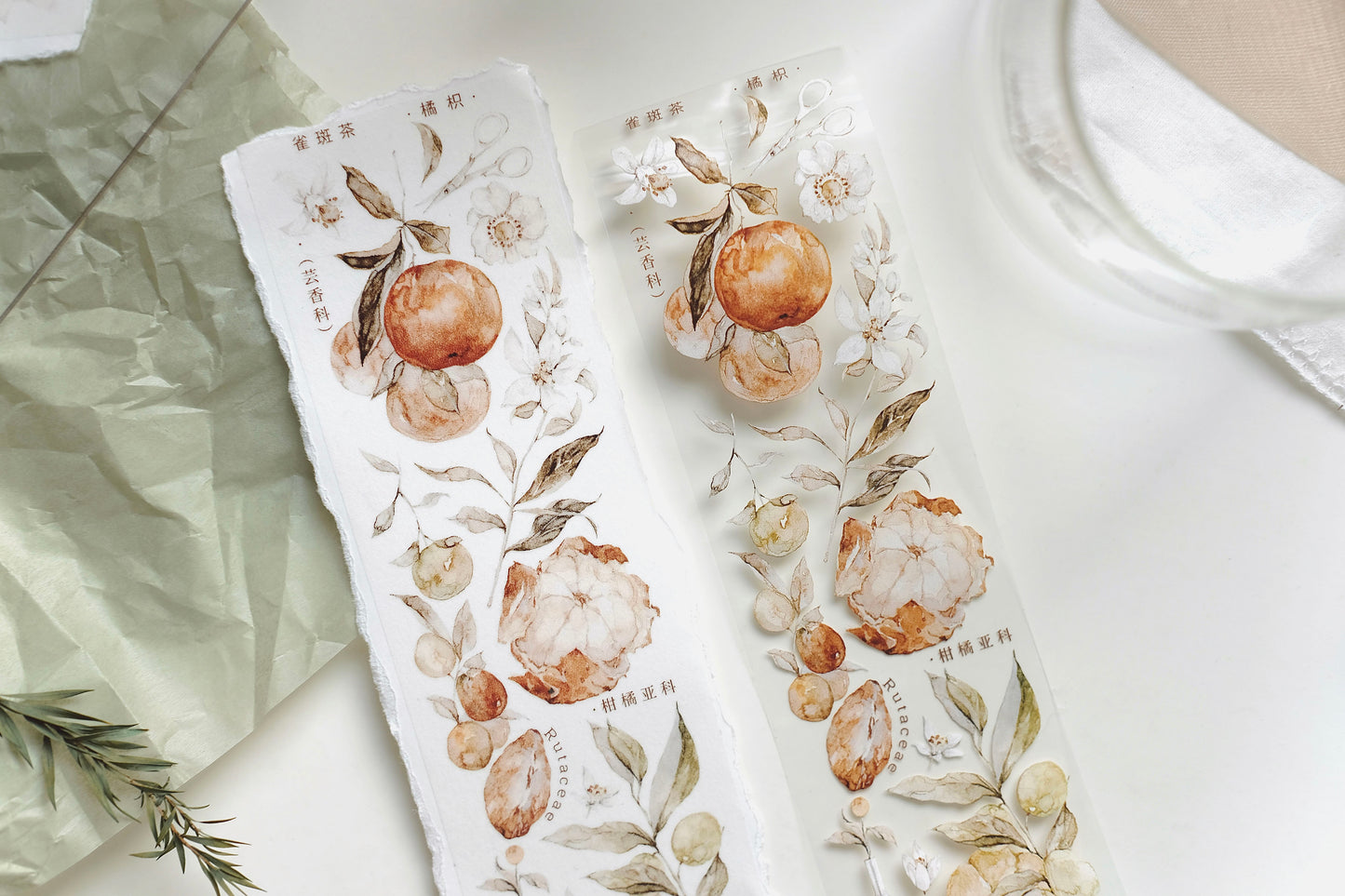 QueBanCha Vol3【Citrus Aurantium】Orginal Design Washi/Pet Tape Light Retro Landscaping Stickers,for Scrapbook Supplies,Scrapbook Tape Stickers,Junk Journal Supplies