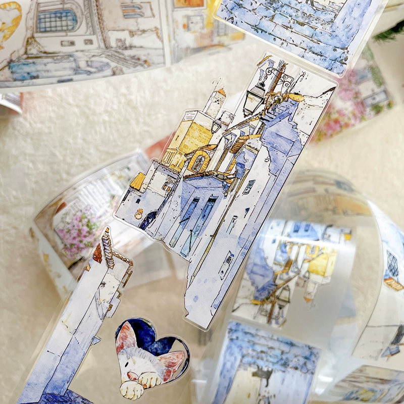 Seahorse Forest Vol6【A38#Corner】Cute Cat and House Scenery,Original Design Pre-Cut Washi/PET Tape Stickers,for Scrapbook Supplies,Junk Journal Supplies
