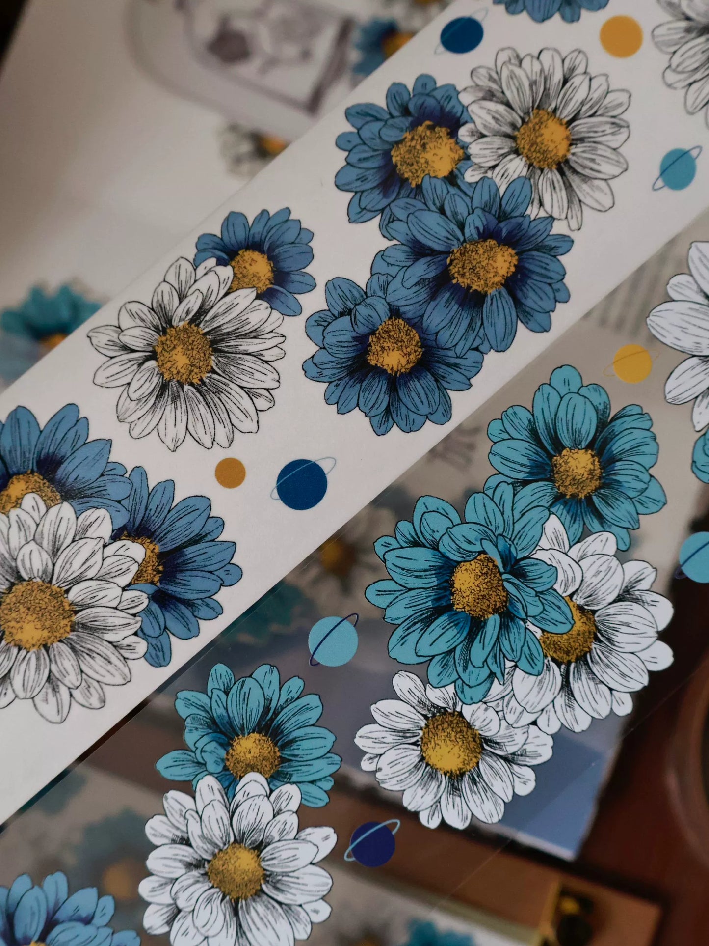 YiEr Vol14【Van Gogh Gardens】Blue Chrysanthemum Floral Washi Tape and PET Stickers