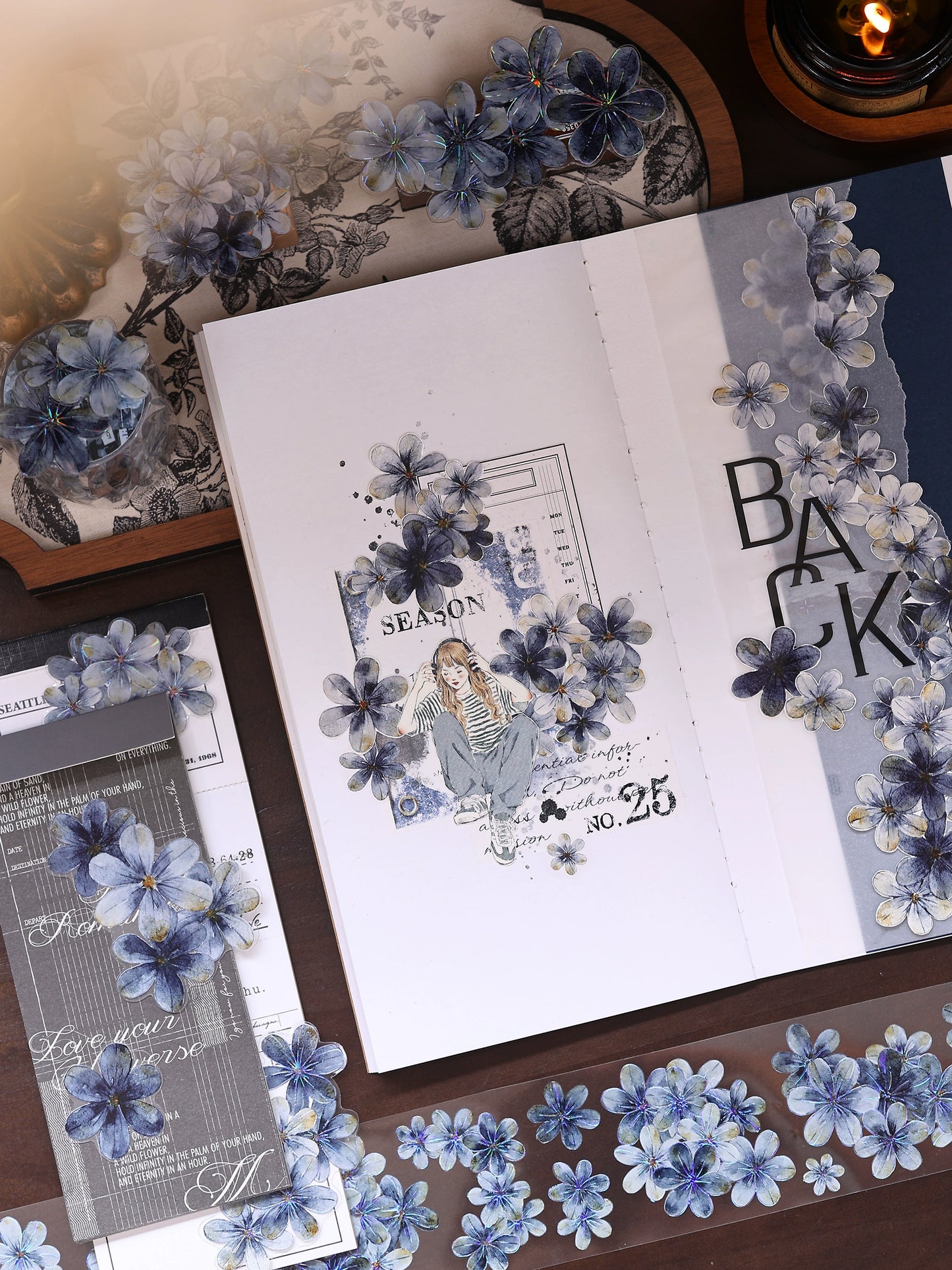 XiaoBaiJia【Deep Blue】Light Retro Blue-Black Flower Orginal Design Washi Pet Floral Tape Landscaping Stickers