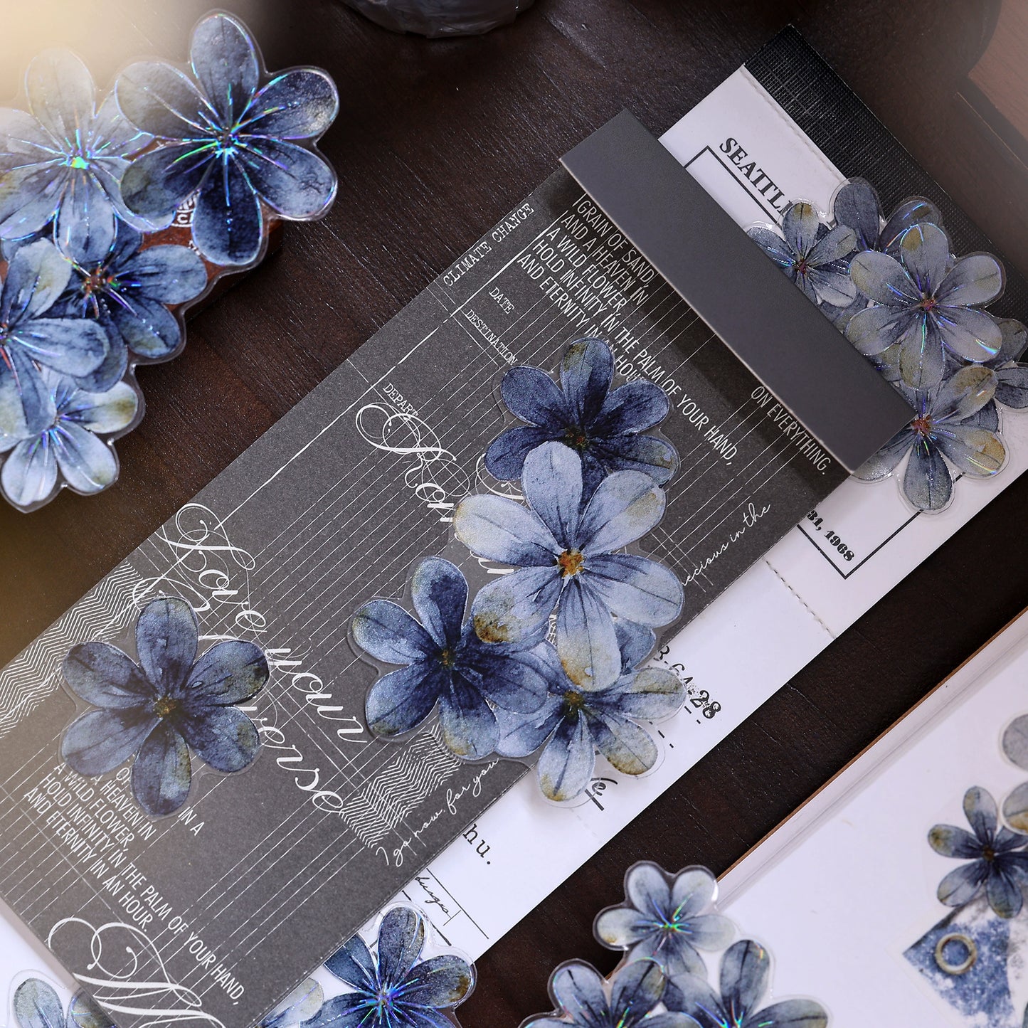 XiaoBaiJia【Deep Blue】Light Retro Blue-Black Flower Orginal Design Washi Pet Floral Tape Landscaping Stickers