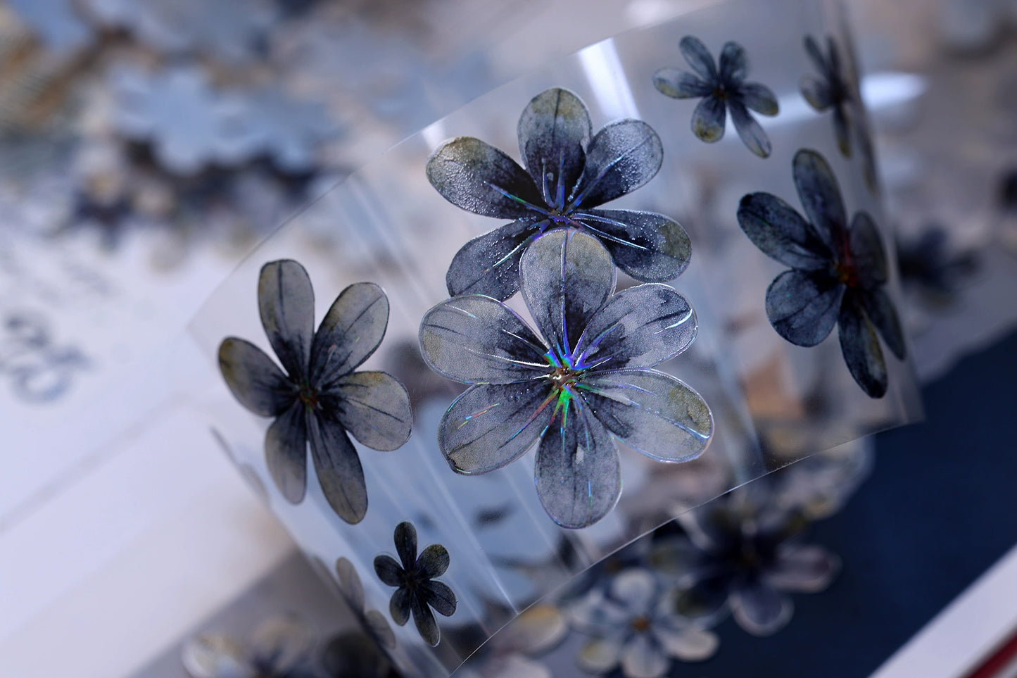 XiaoBaiJia【Deep Blue】Light Retro Blue-Black Flower Orginal Design Washi Pet Floral Tape Landscaping Stickers