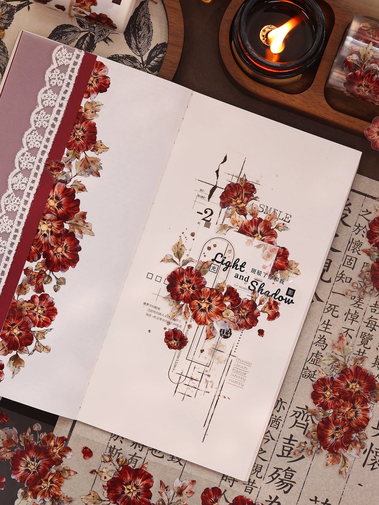 XiaoBaiJia【Hollyhock】Light Retro Red Orange Large and Small Flowers Orginal Design Washi Pet Tape Landscaping Stickers