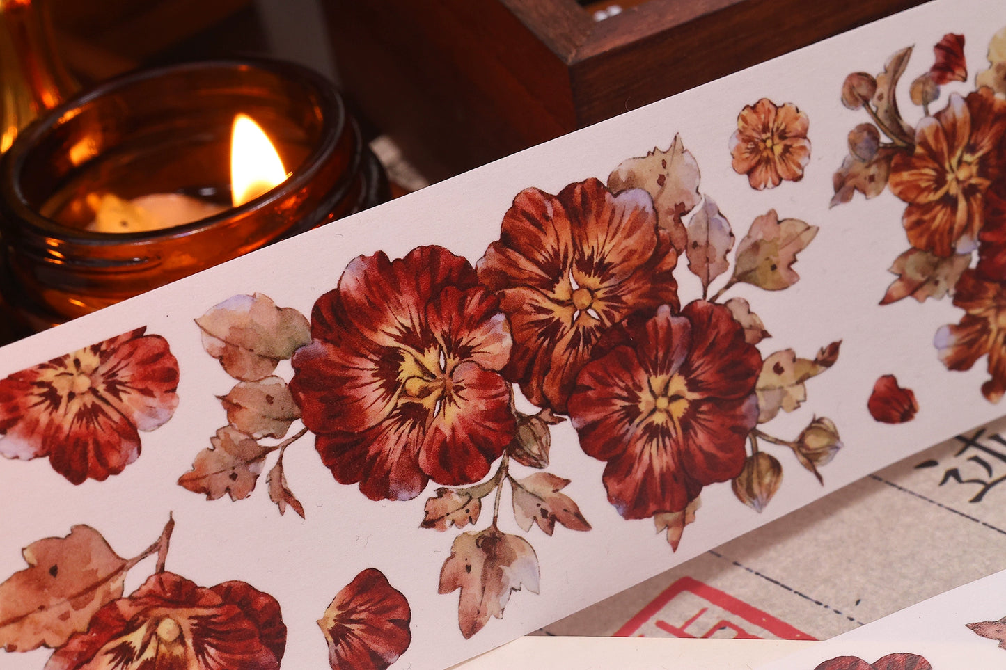 XiaoBaiJia【Hollyhock】Light Retro Red Orange Large and Small Flowers Orginal Design Washi Pet Tape Landscaping Stickers