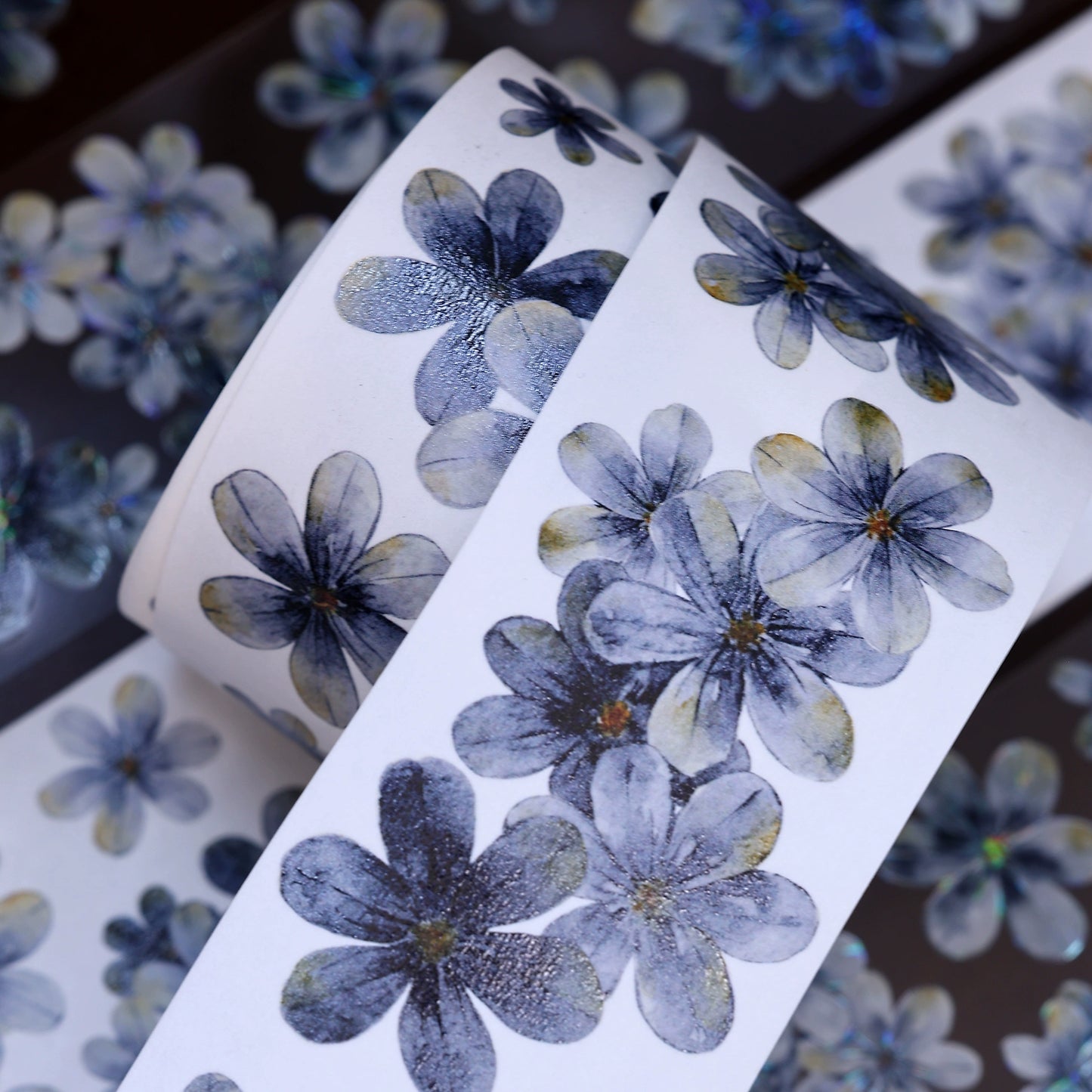 XiaoBaiJia【Deep Blue】Light Retro Blue-Black Flower Orginal Design Washi Pet Floral Tape Landscaping Stickers