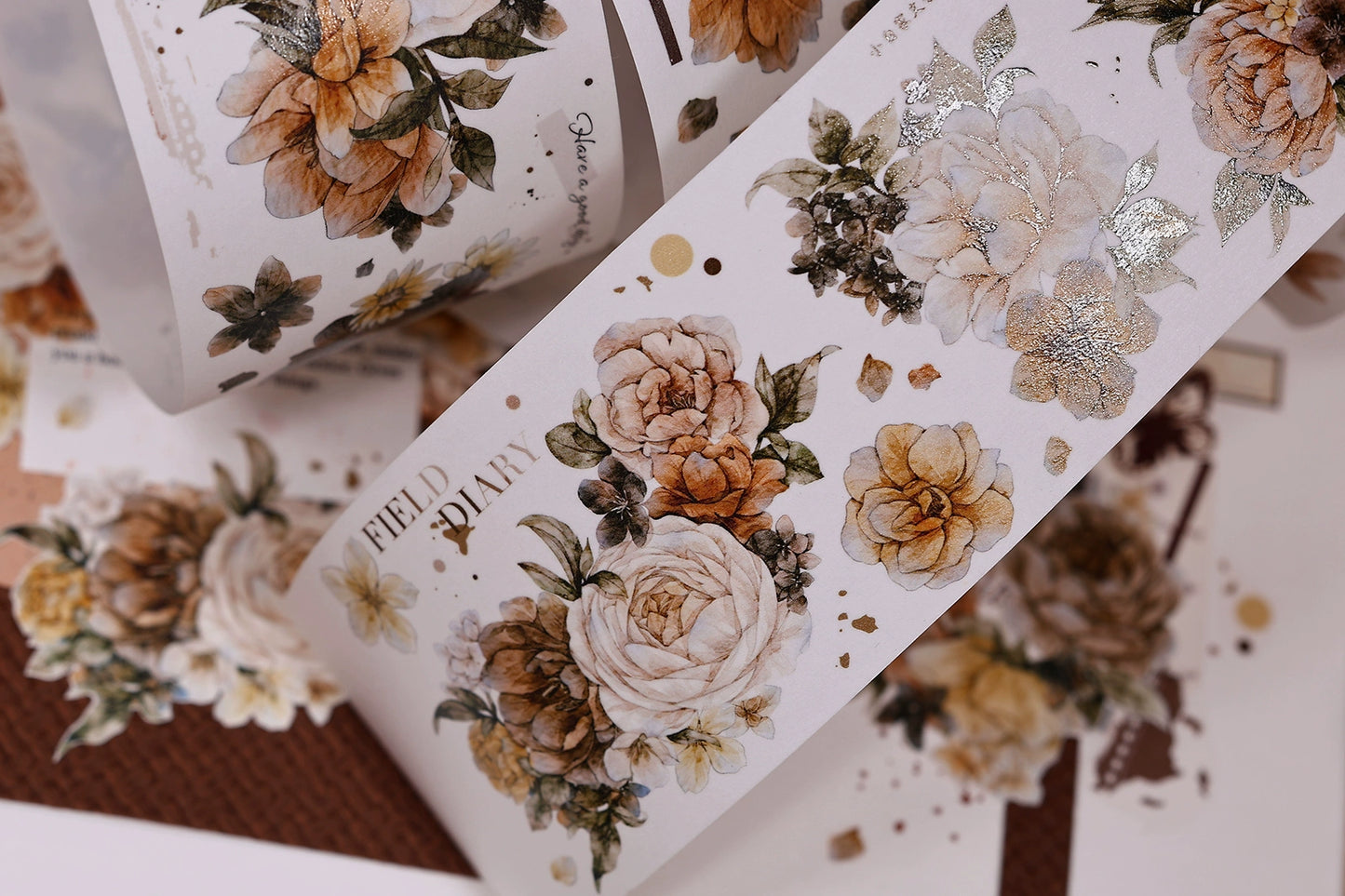 XiaoBaiJia【LanYan / Caramel Latte】Light Retro Flower Orginal Design Washi Pet Floral Tape Landscaping Stickers